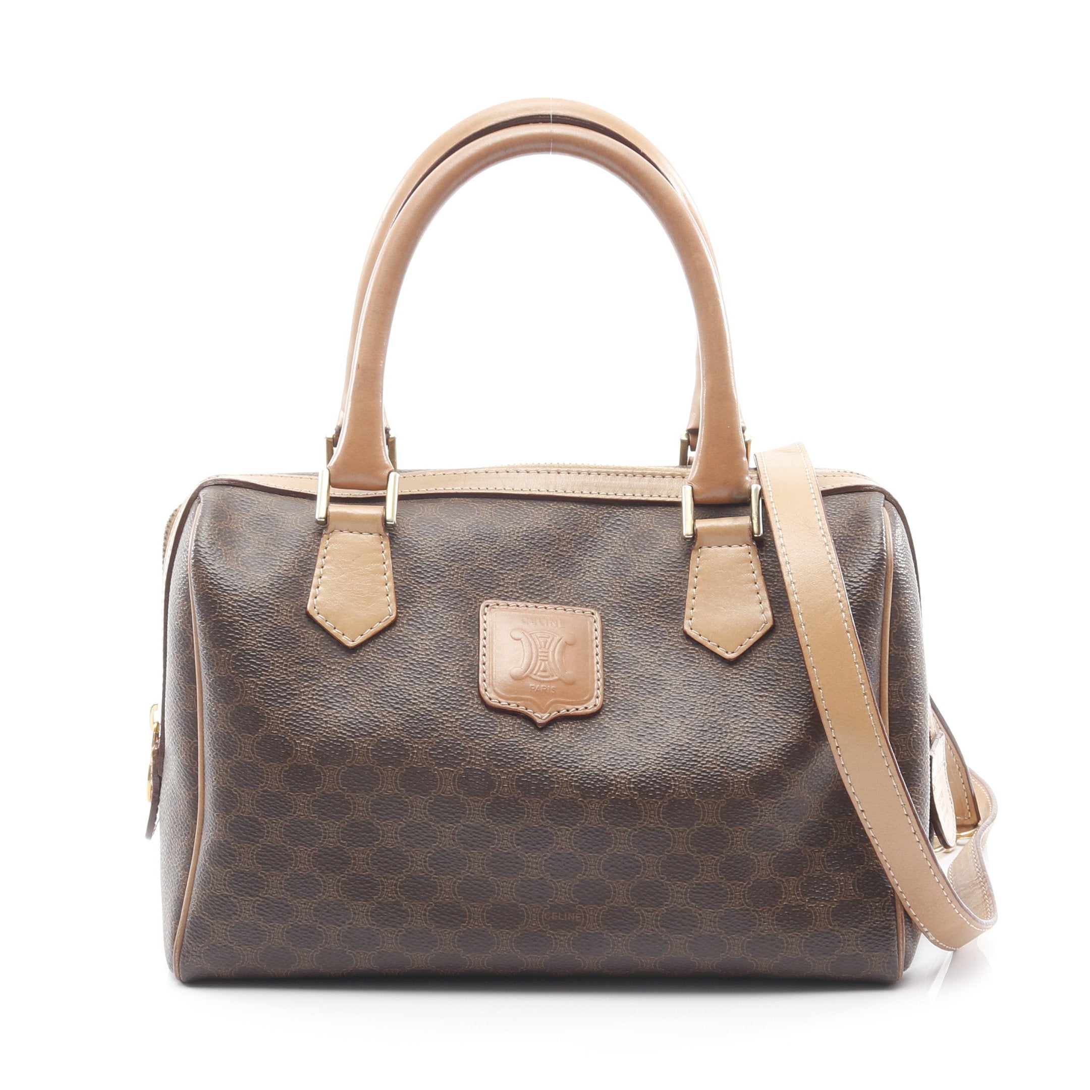 マカダム ハンドバッグ PVC レザー ダークブラウン ベージュ