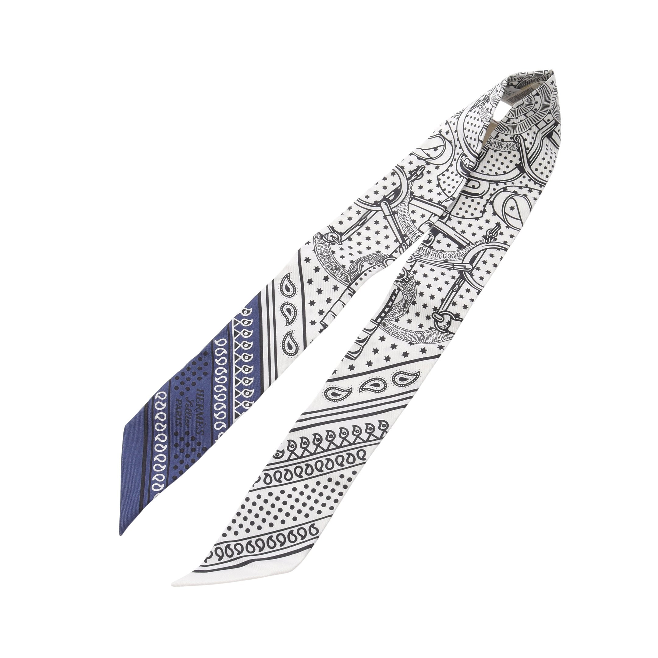 希少カラー❤︎エルメス　ツイリー　ホワイト×ブラック　リボン柄 ツイリー Eperon d'Or Bandana リボン スカーフ シルク ホワイト