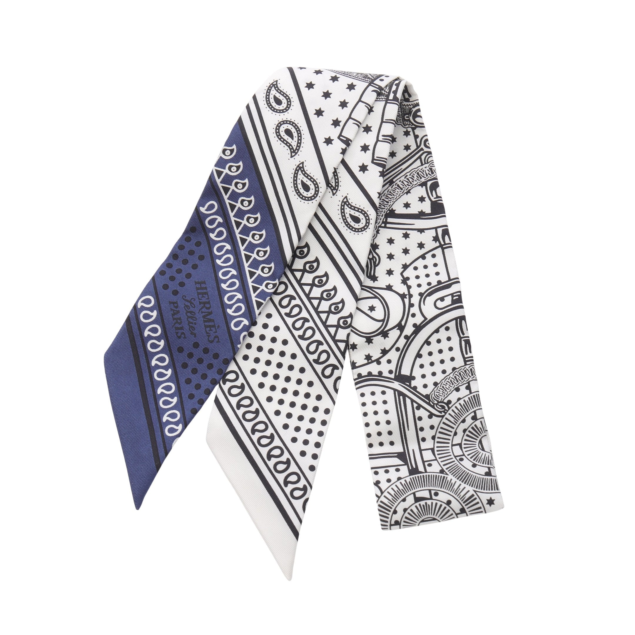 ツイロン　リボンスカーフ　HERMES エルメス ツイリー Eperon d'Or Bandana リボン スカーフ シルク ホワイト