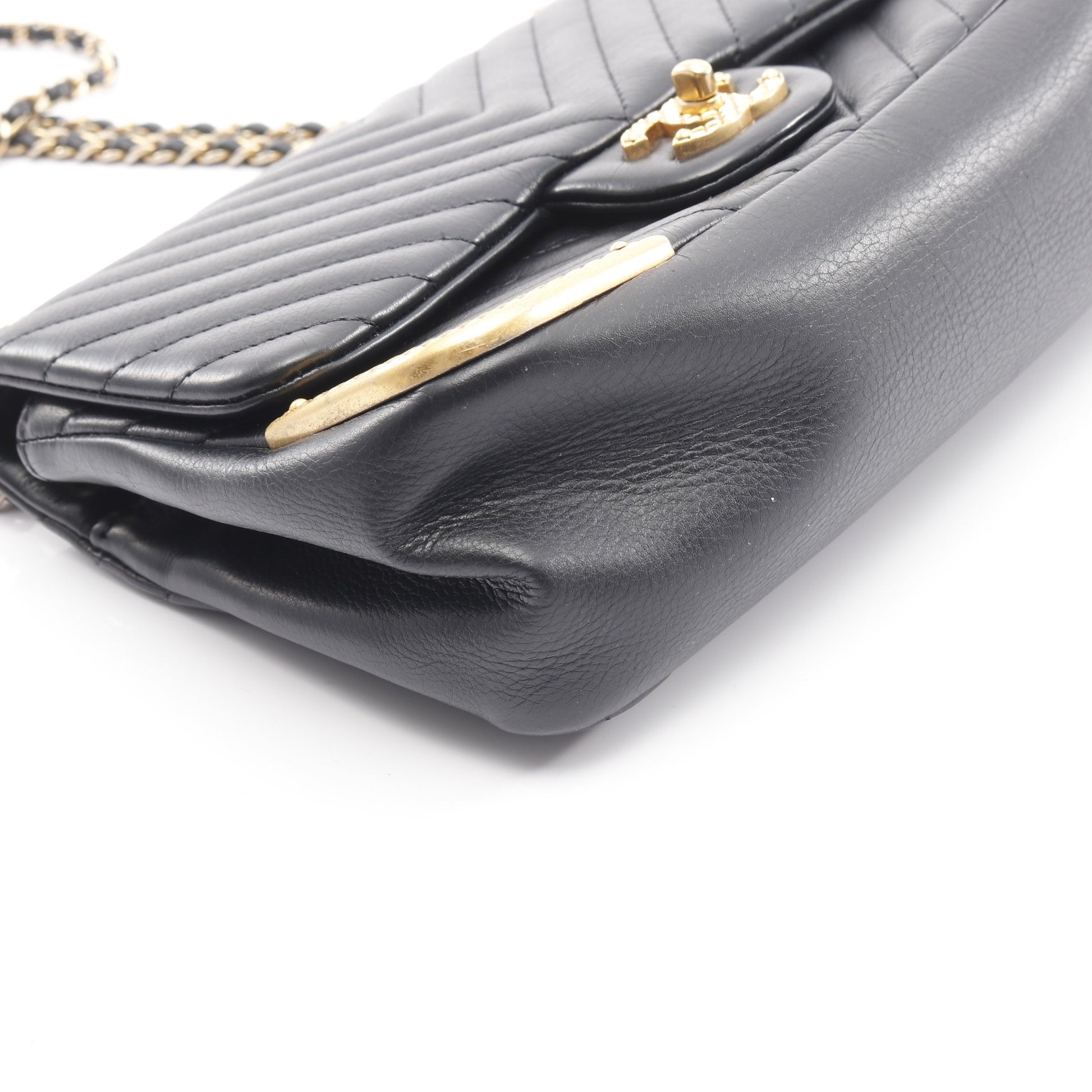 Vステッチ Wチェーンショルダーバッグ ラムスキン ブラック ゴールド金具 シャネル バッグ CHANEL