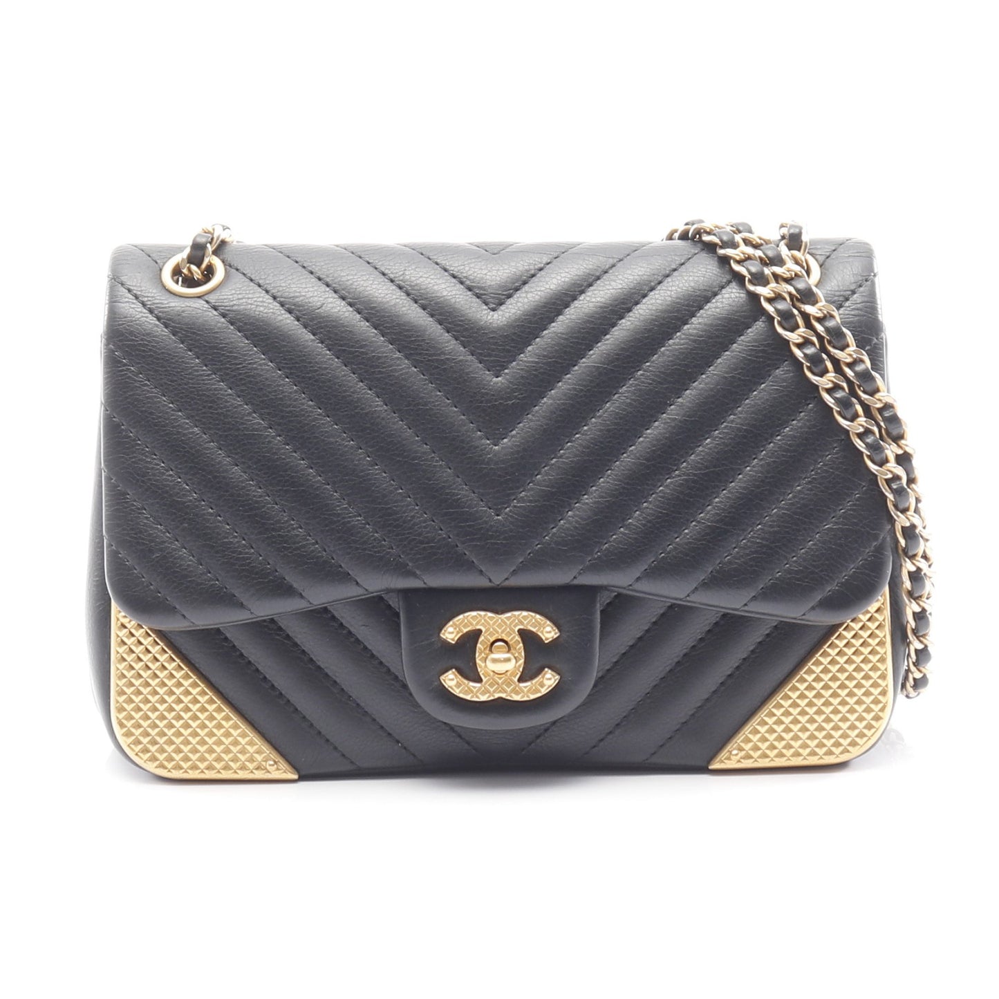 Vステッチ Wチェーンショルダーバッグ ラムスキン ブラック ゴールド金具 シャネル バッグ CHANEL