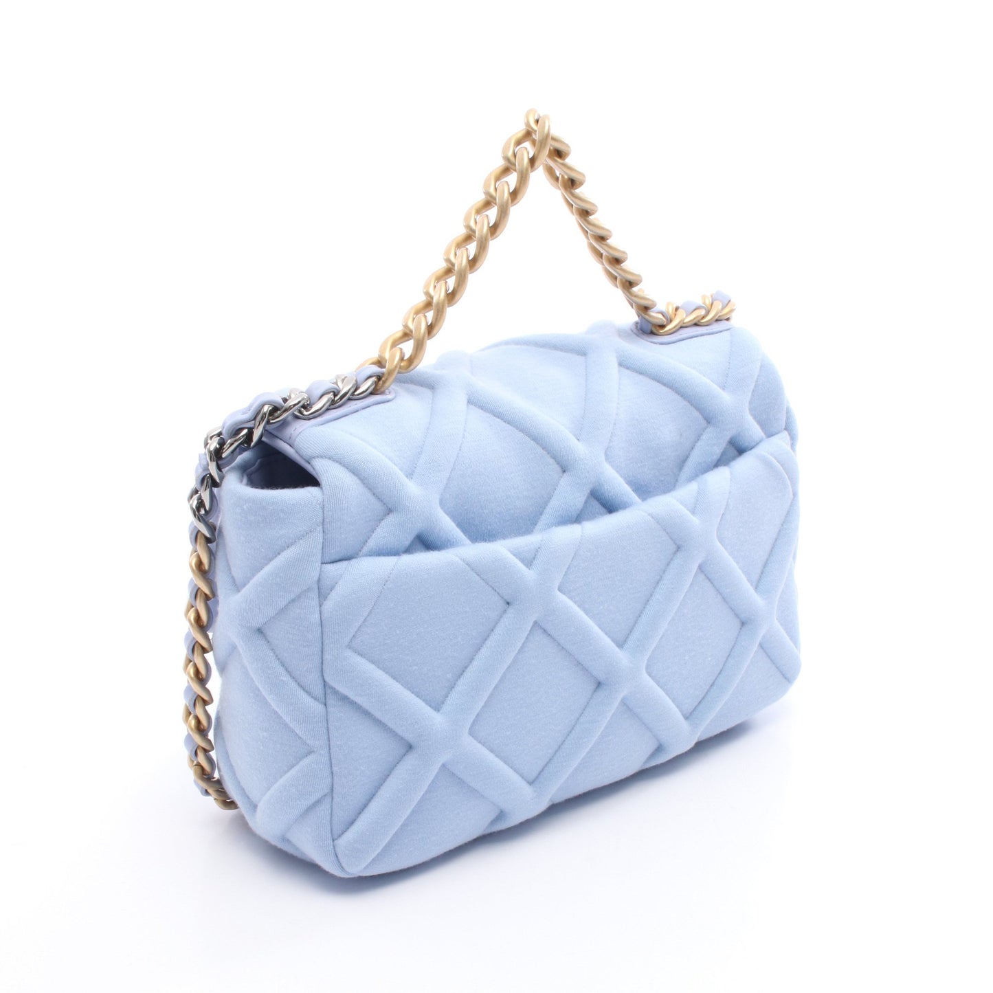 19 ディズヌフ チェーンショルダーバッグ コットンジャージ ライトブルー コンビ金具 シャネル バッグ CHANEL