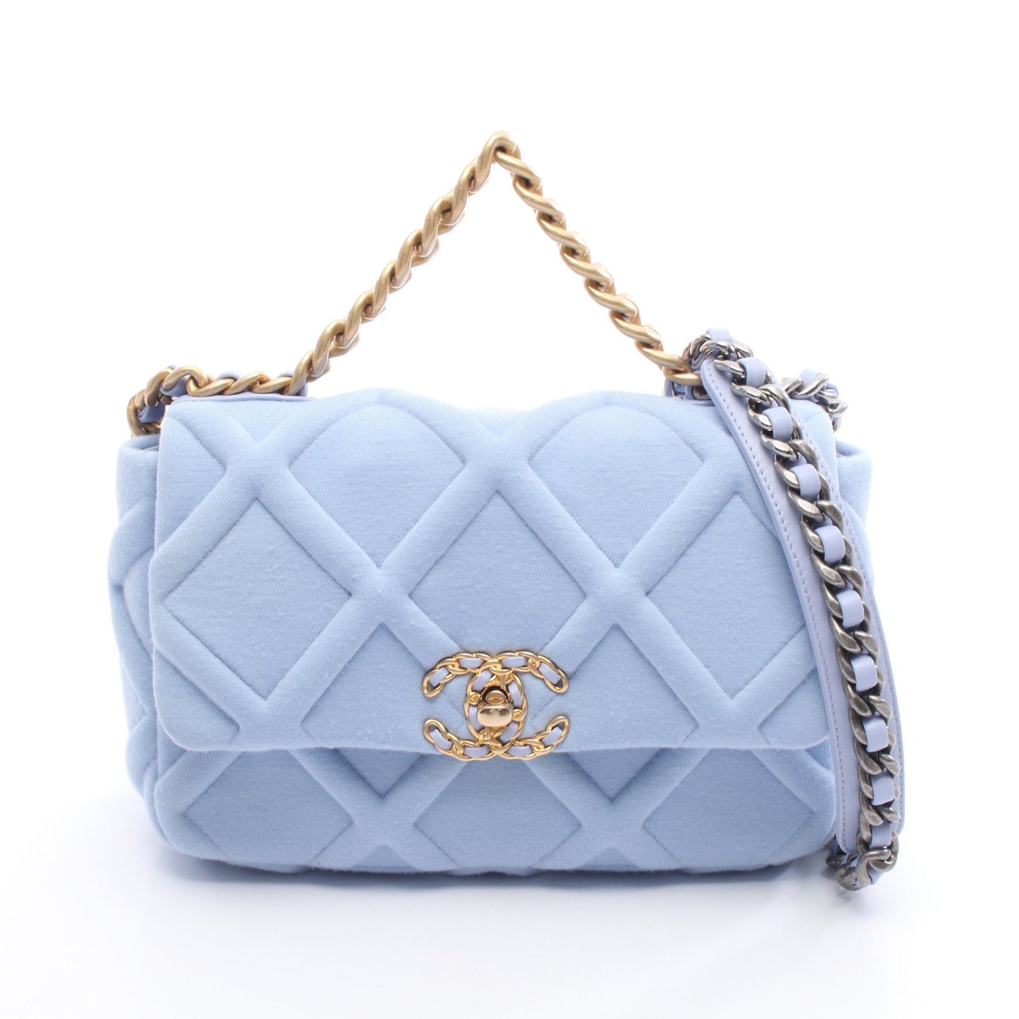 19 ディズヌフ チェーンショルダーバッグ コットンジャージ ライトブルー コンビ金具 シャネル バッグ CHANEL