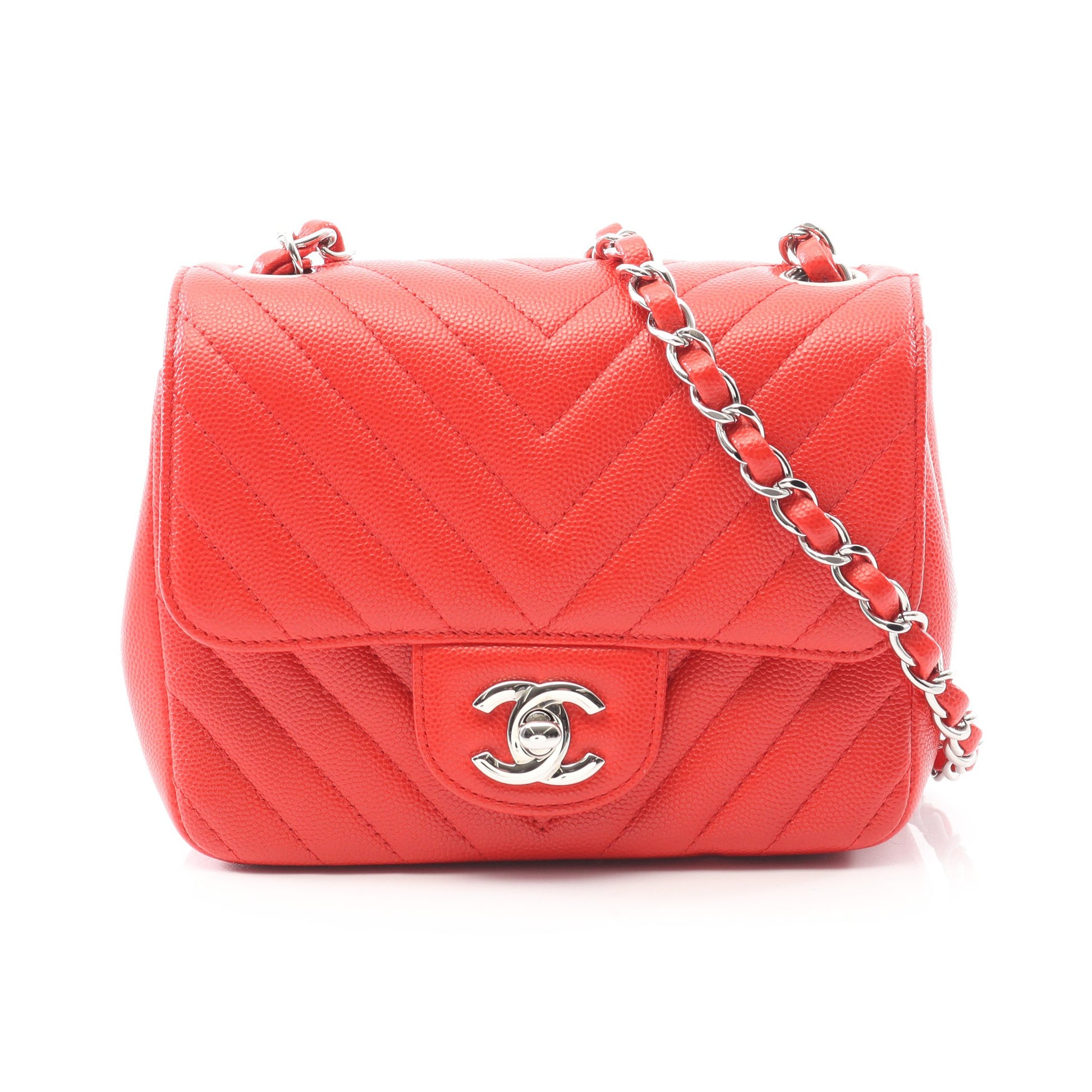 シェブロン Vステッチ チェーンショルダーバッグ キャビアスキン レッド シルバー金具 シャネル バッグ CHANEL