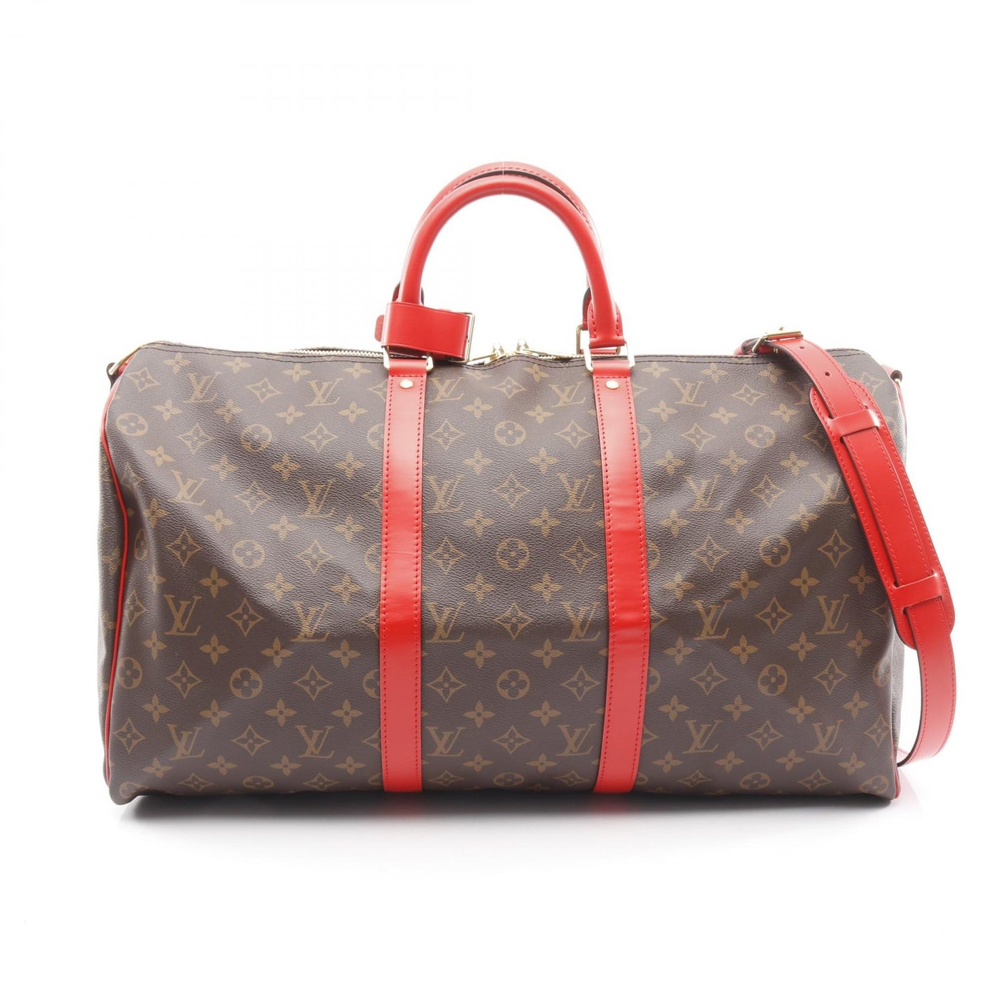 キーポル バンドリエール50 モノグラム ポピーレッド ボストンバッグ PVC レザー ブラウン レッド 2WAY ルイヴィトン バッグ LOUIS VUITTON