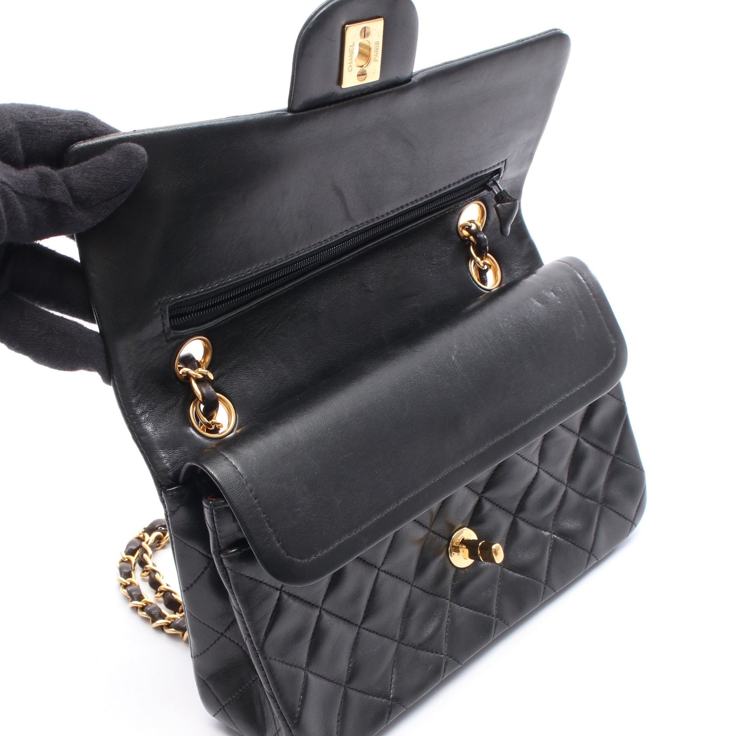 マトラッセ Wフラップ Wチェーンショルダーバッグ ラムスキン ブラック ゴールド金具 シャネル バッグ CHANEL