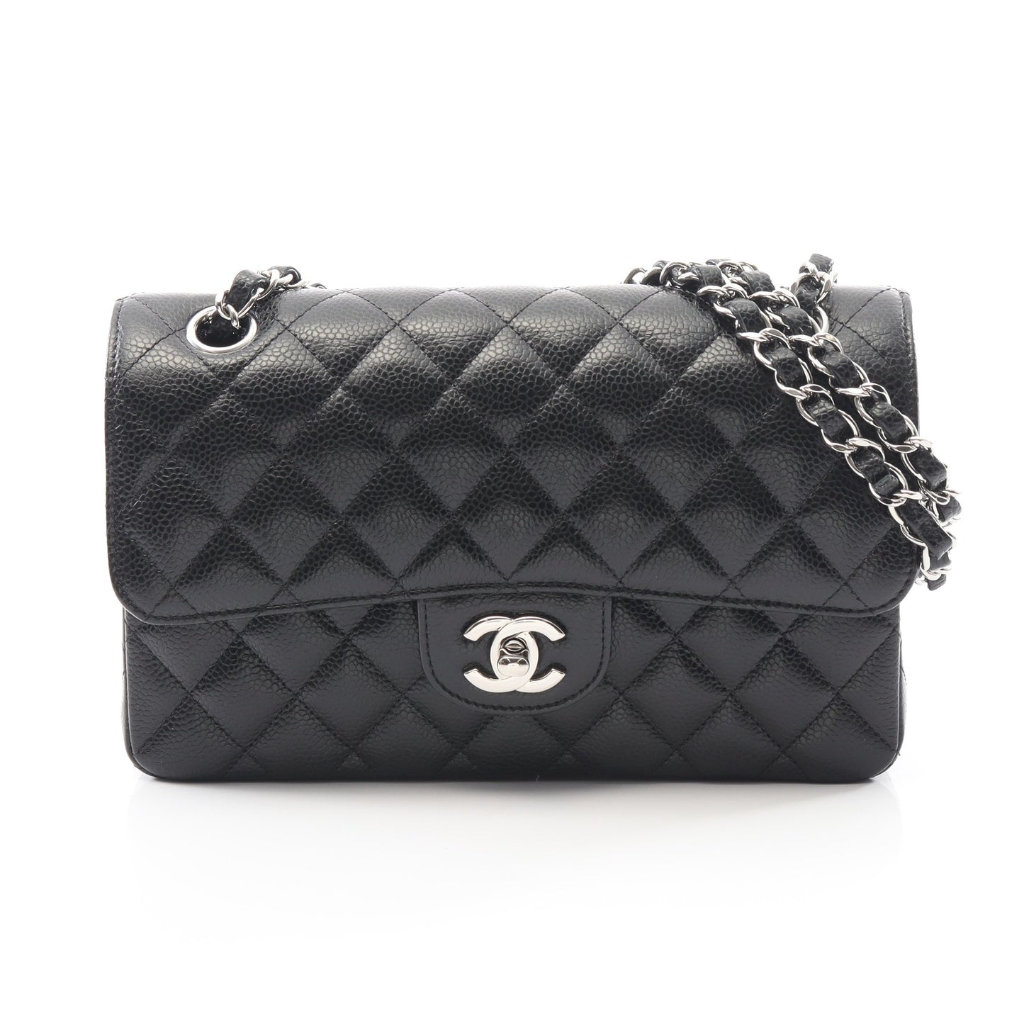 マトラッセ Wフラップ Wチェーンショルダーバッグ キャビアスキン ブラック シルバー金具 シャネル バッグ CHANEL