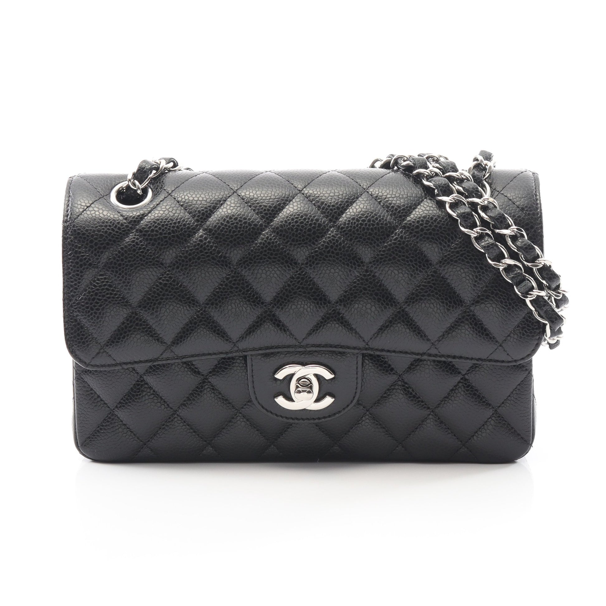 マトラッセ Wフラップ Wチェーンショルダーバッグ キャビアスキン ブラック シルバー金具 シャネル バッグ CHANEL