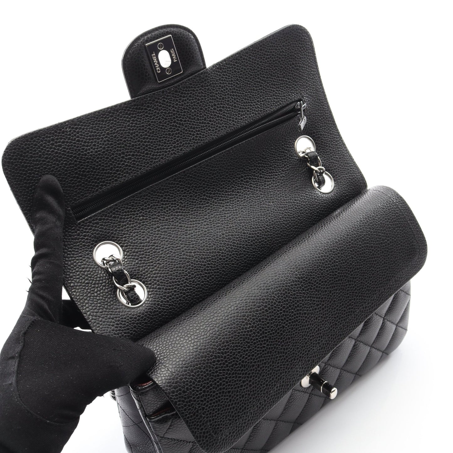 マトラッセ Wフラップ Wチェーンショルダーバッグ キャビアスキン ブラック シルバー金具 シャネル バッグ CHANEL