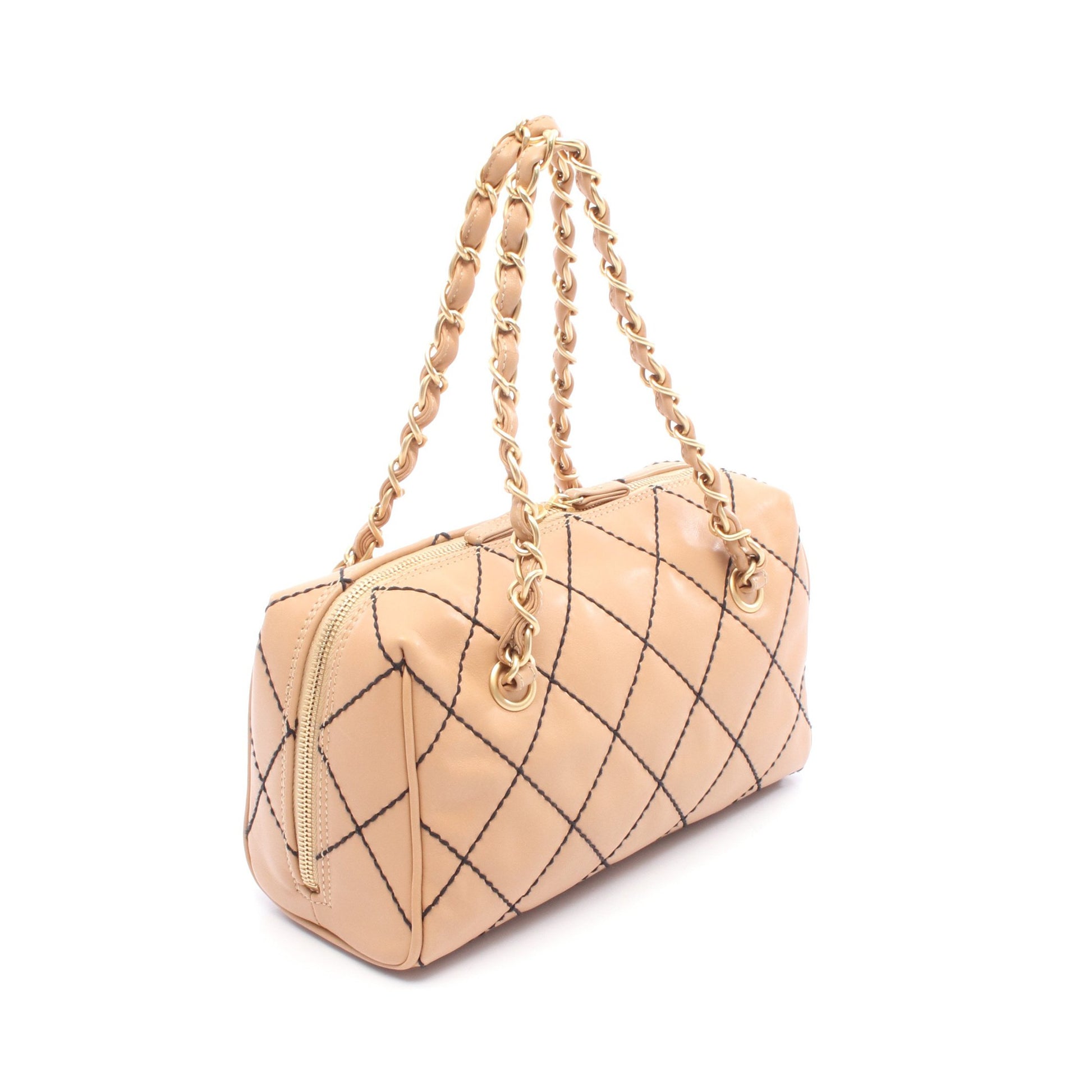 ワイルドステッチ ミニボストンバッグ チェーンハンドバッグ レザー ライトブラウン ゴールド金具 シャネル バッグ CHANEL