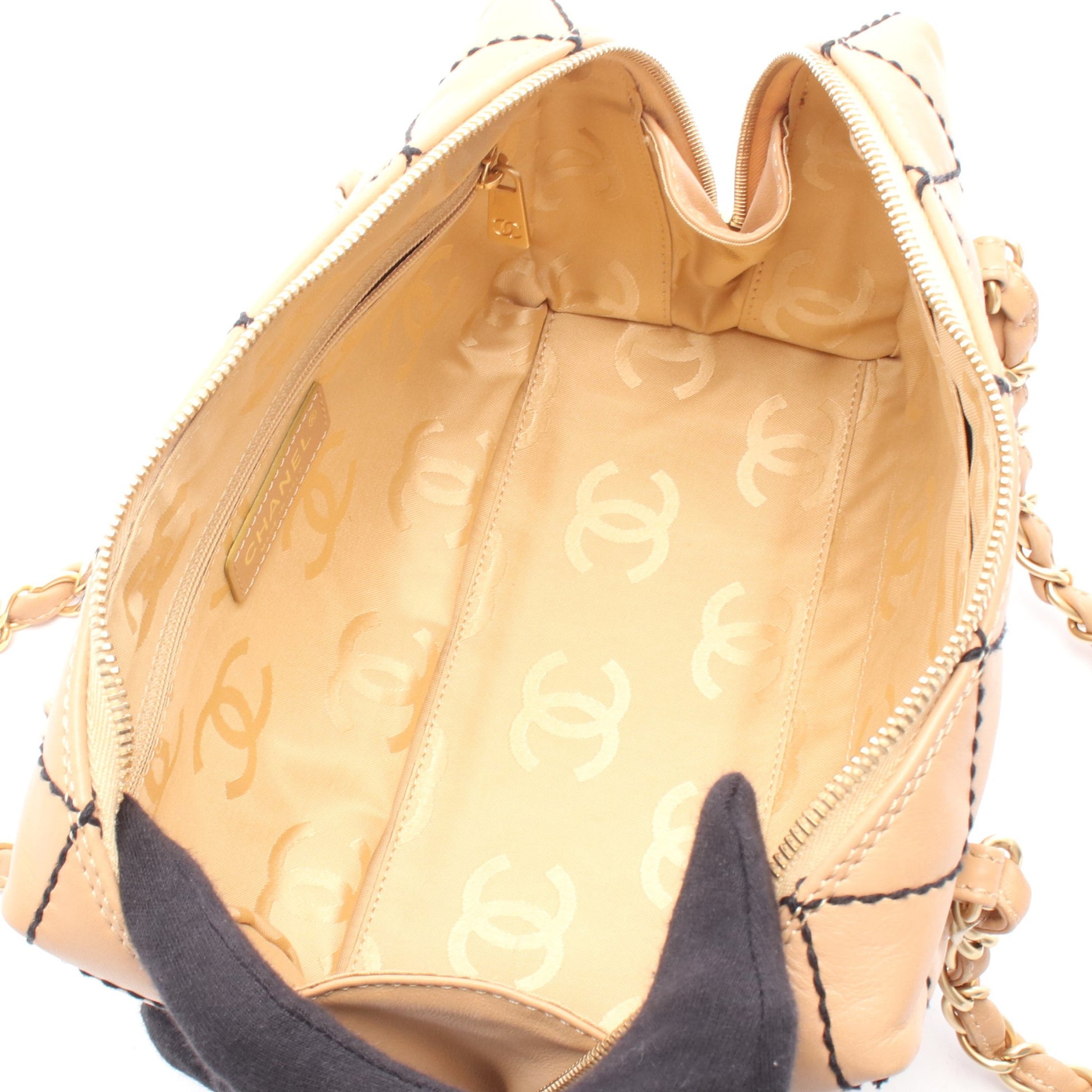 ワイルドステッチ ミニボストンバッグ チェーンハンドバッグ レザー ライトブラウン ゴールド金具 シャネル バッグ CHANEL