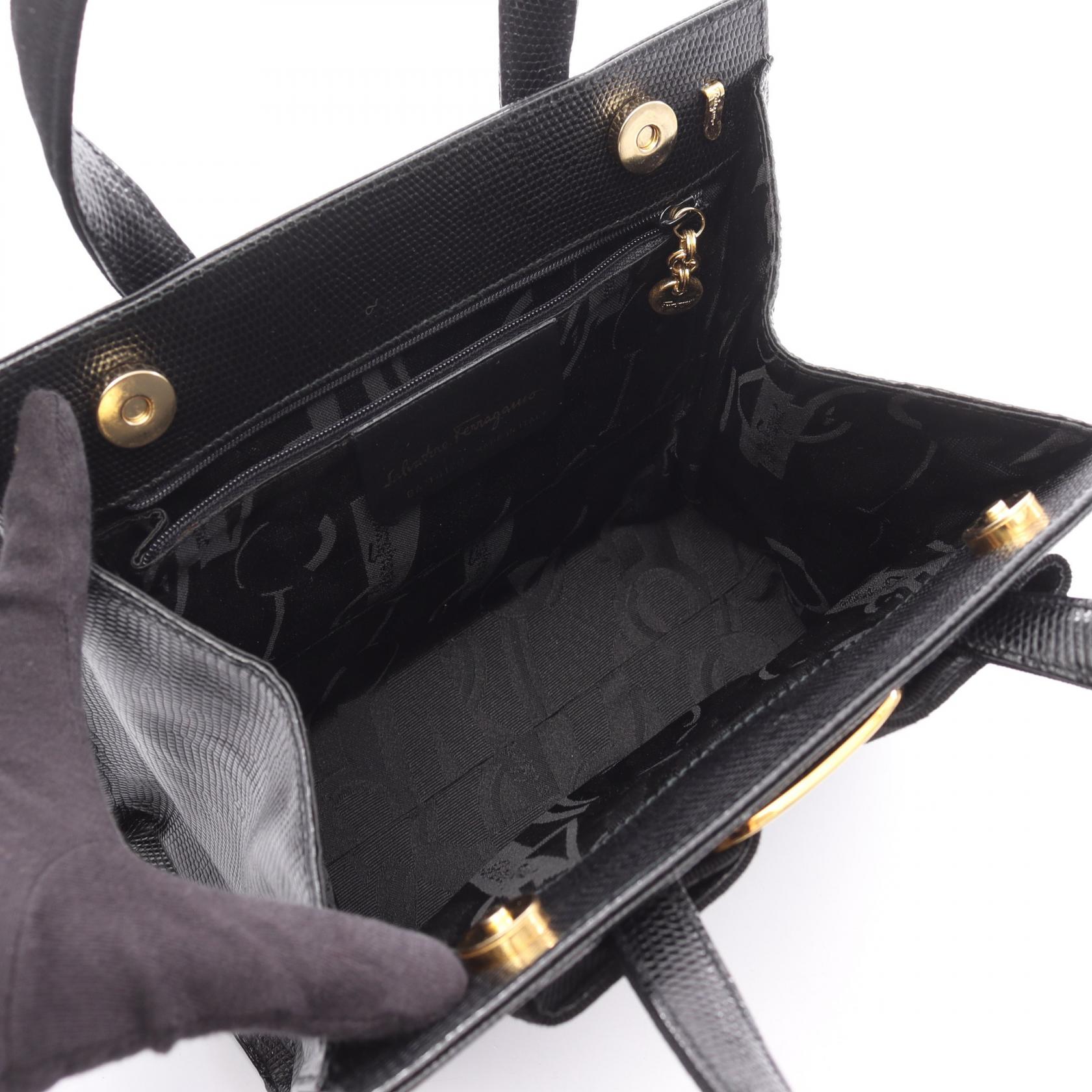 ヴァラリボン ハンドバッグ レザー ブラック リザード型押し