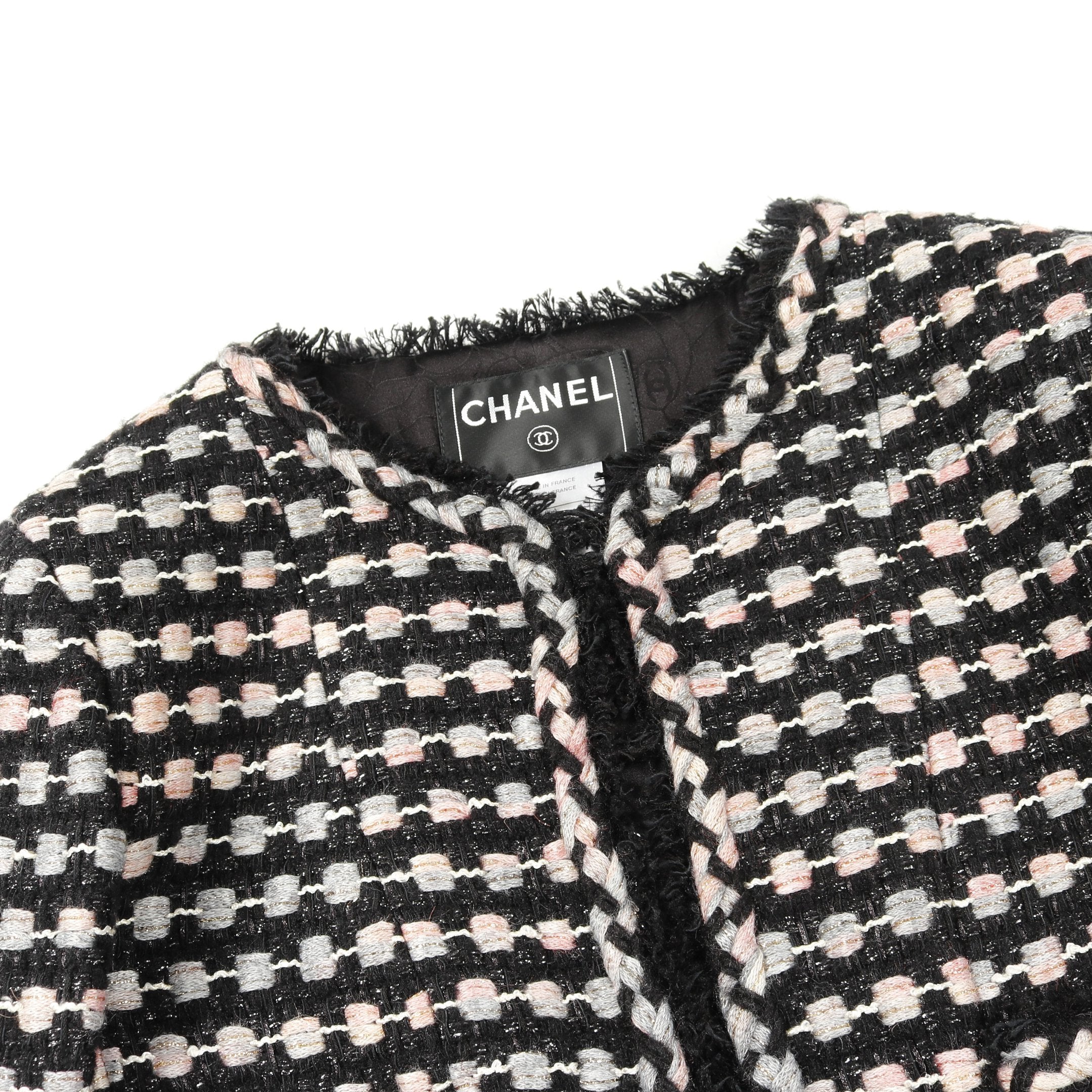 ツイード ノーカラージャケット コットン ナイロン ウール ブラック