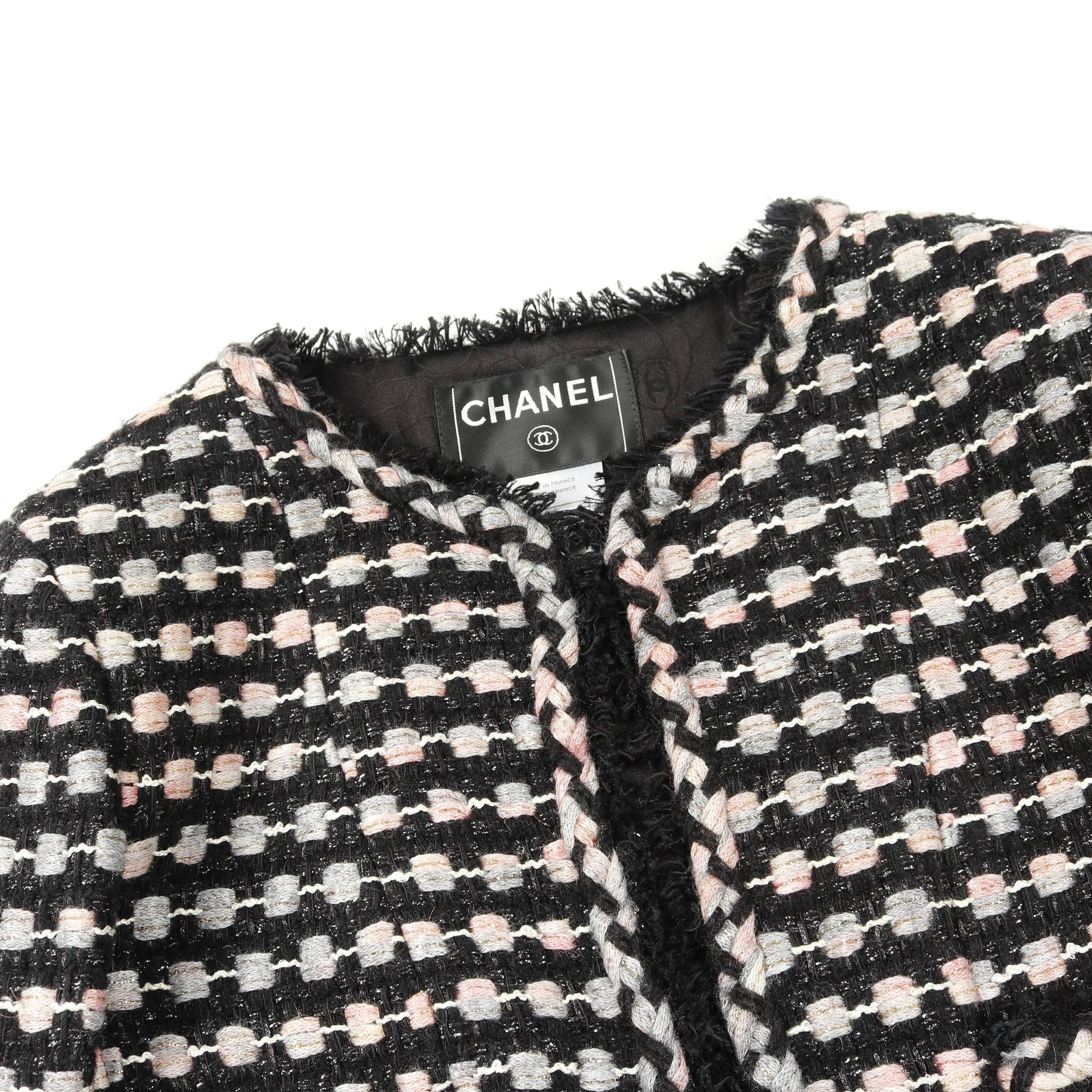 ツイード ノーカラージャケット コットン ナイロン ウール ブラック ピンク グレー 06A シャネル アウター CHANEL