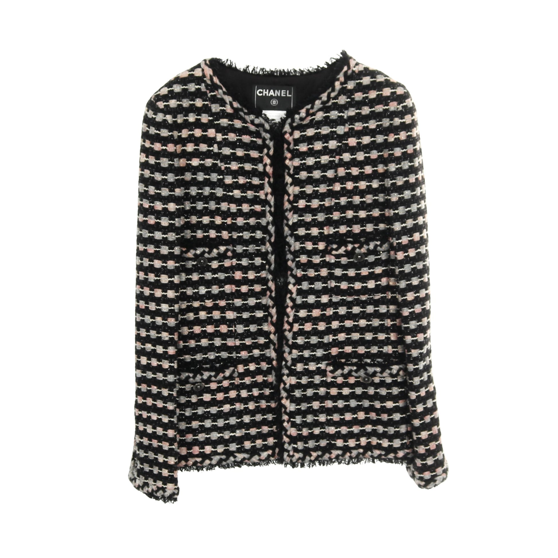 ツイード ノーカラージャケット コットン ナイロン ウール ブラック ピンク グレー 06A シャネル アウター CHANEL