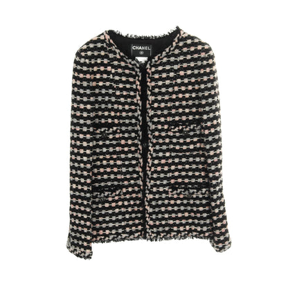 ツイード ノーカラージャケット コットン ナイロン ウール ブラック ピンク グレー 06A シャネル アウター CHANEL