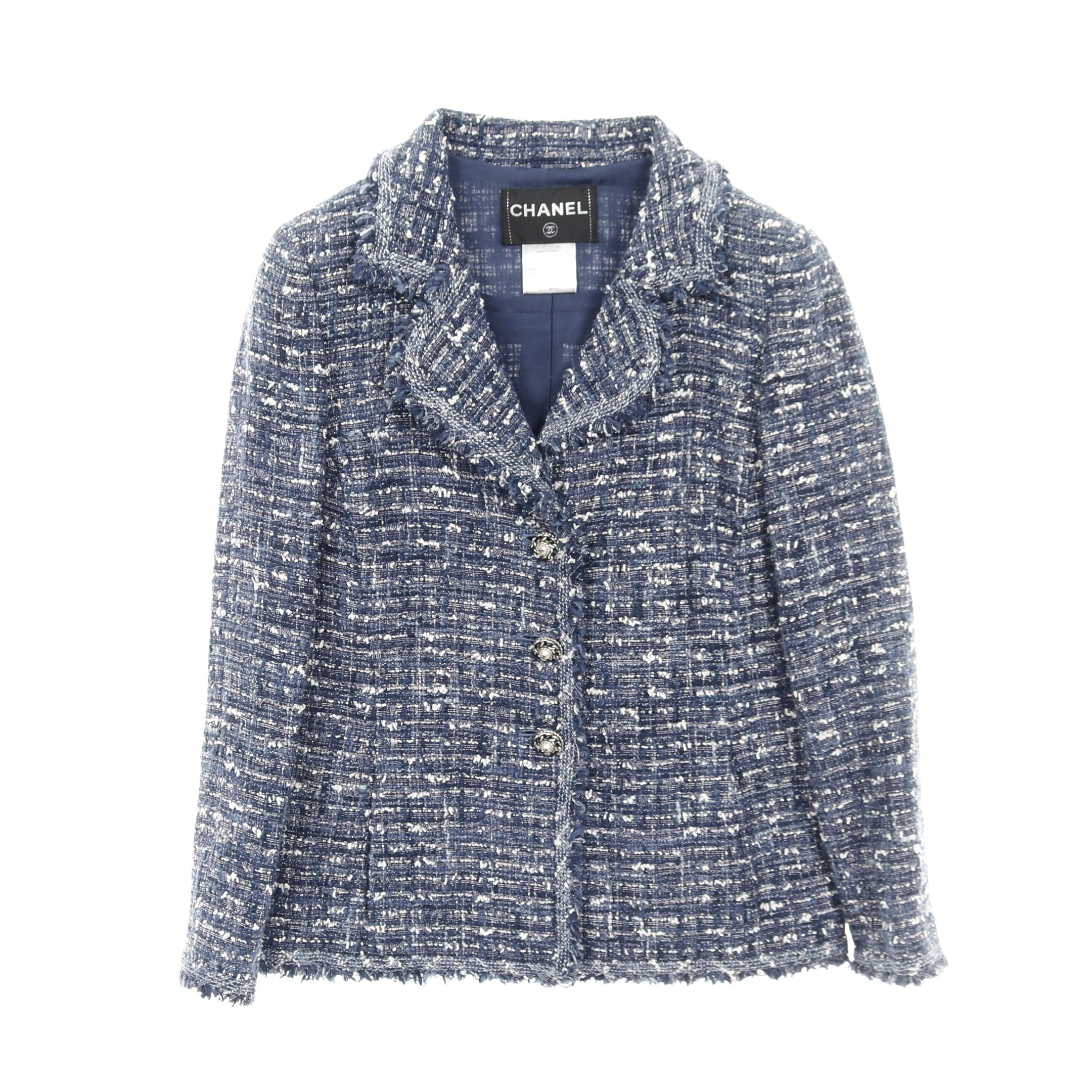 ココマークパールボタン ツイード ジャケット コットン ブルー