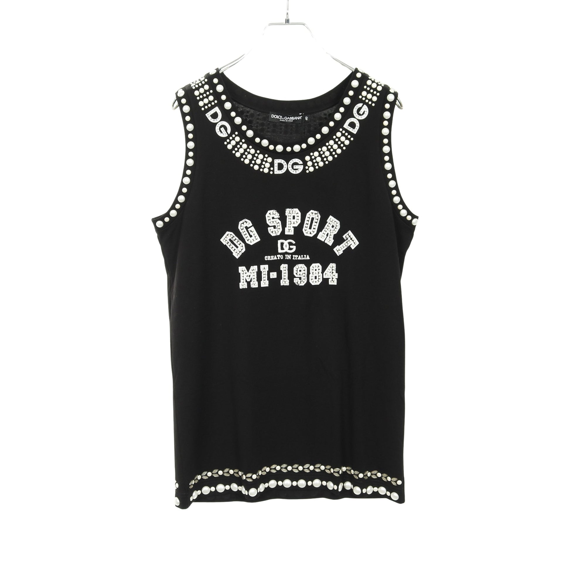 ロゴ パール ビジュー タンクトップ コットン ブラック ドルチェアンドガッバーナ トップス DOLCE&GABBANA