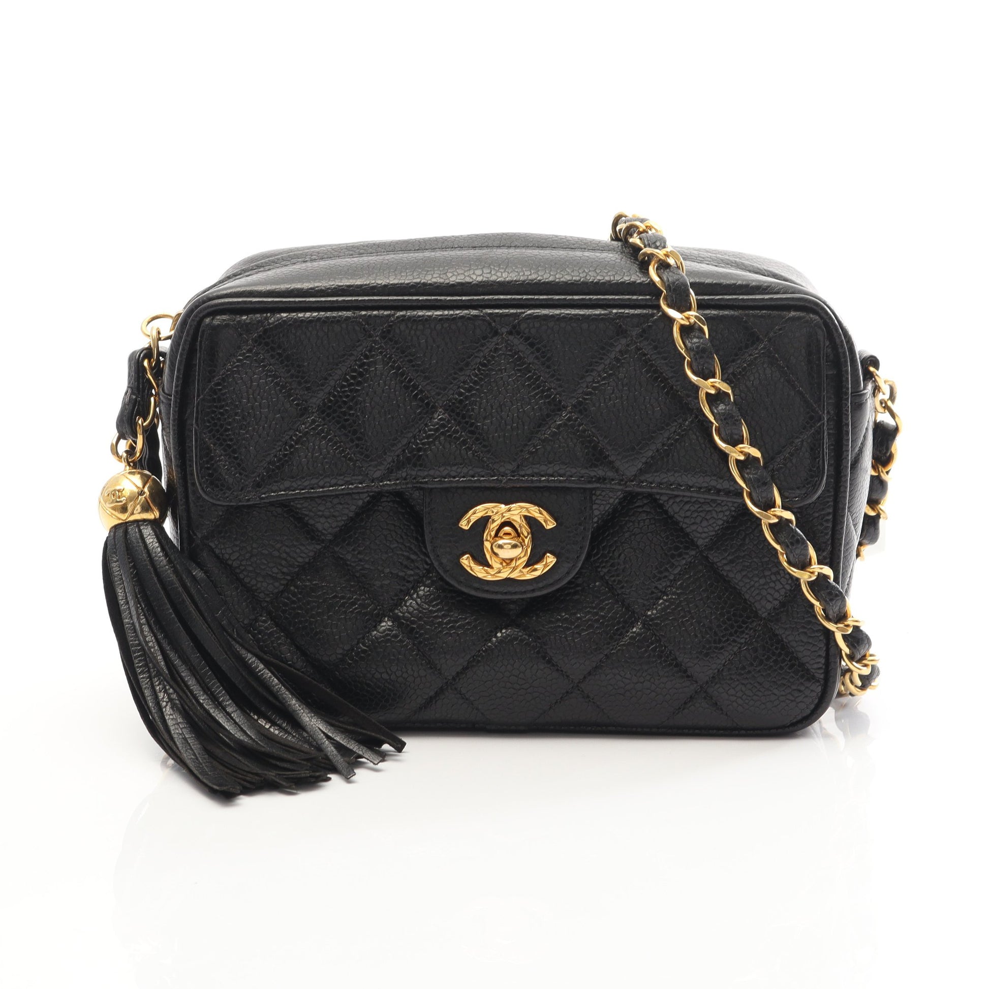 マトラッセ チェーンショルダーバッグ キャビアスキン ブラック ゴールド金具 フリンジ シャネル バッグ CHANEL
