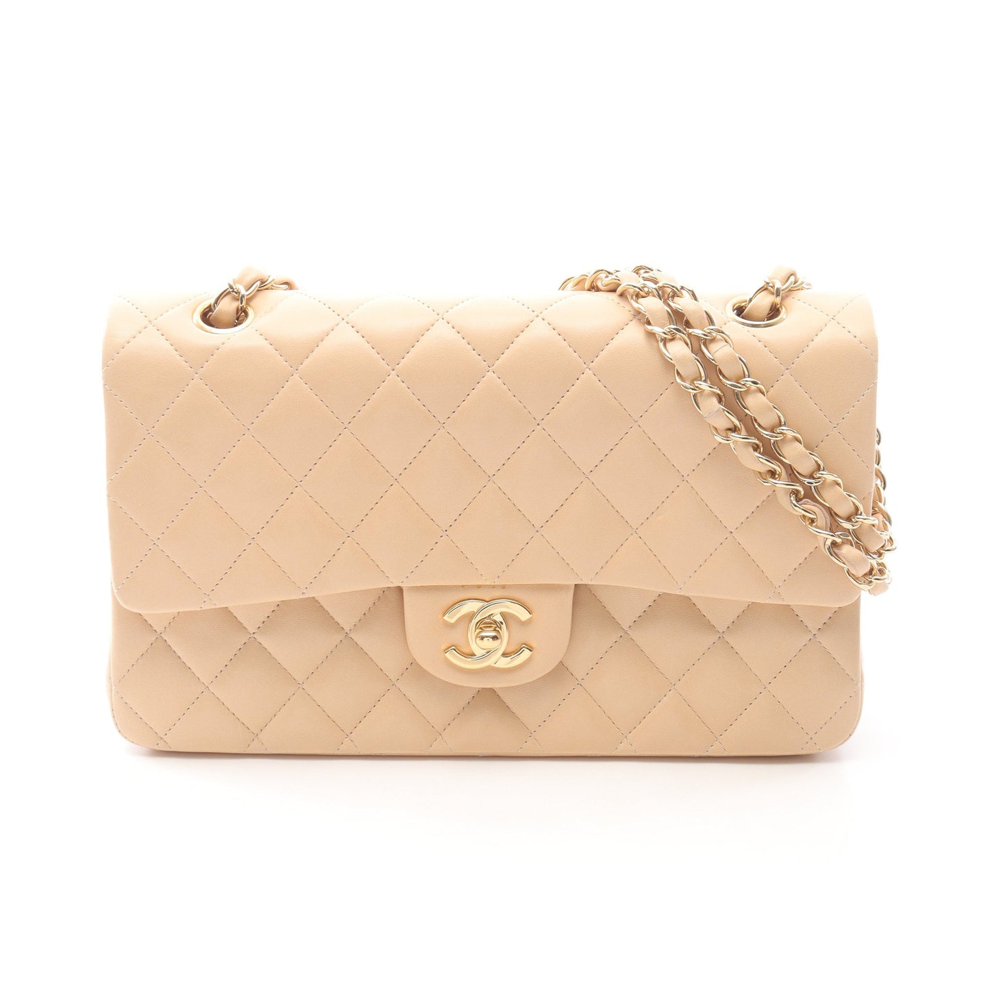 マトラッセ Wフラップ Wチェーンショルダーバッグ ラムスキン ベージュ ゴールド金具 シャネル バッグ CHANEL