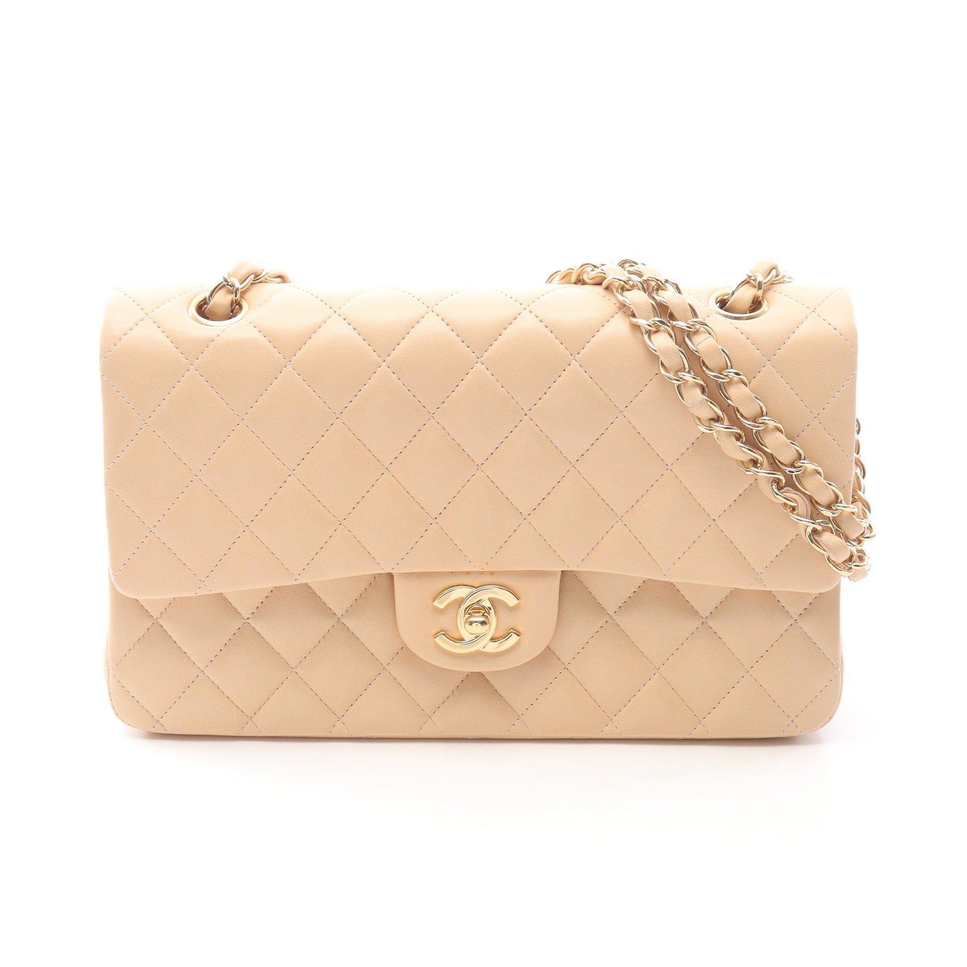 マトラッセ Wフラップ Wチェーンショルダーバッグ ラムスキン ベージュ ゴールド金具 シャネル バッグ CHANEL