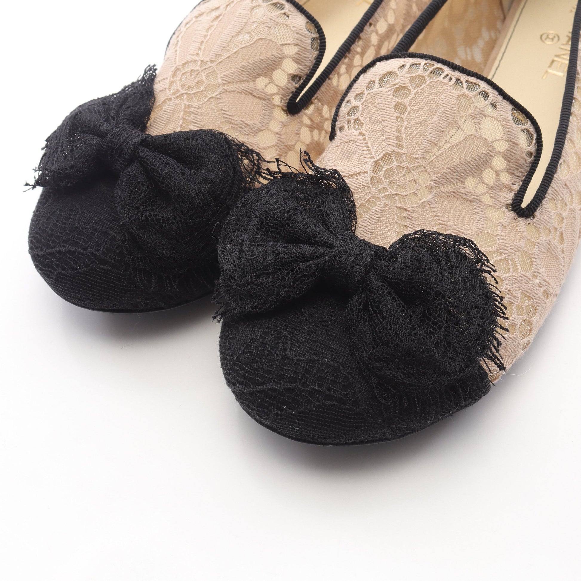 パンプス フラットシューズ ファブリック ベージュ ブラック レース シャネル シューズ CHANEL