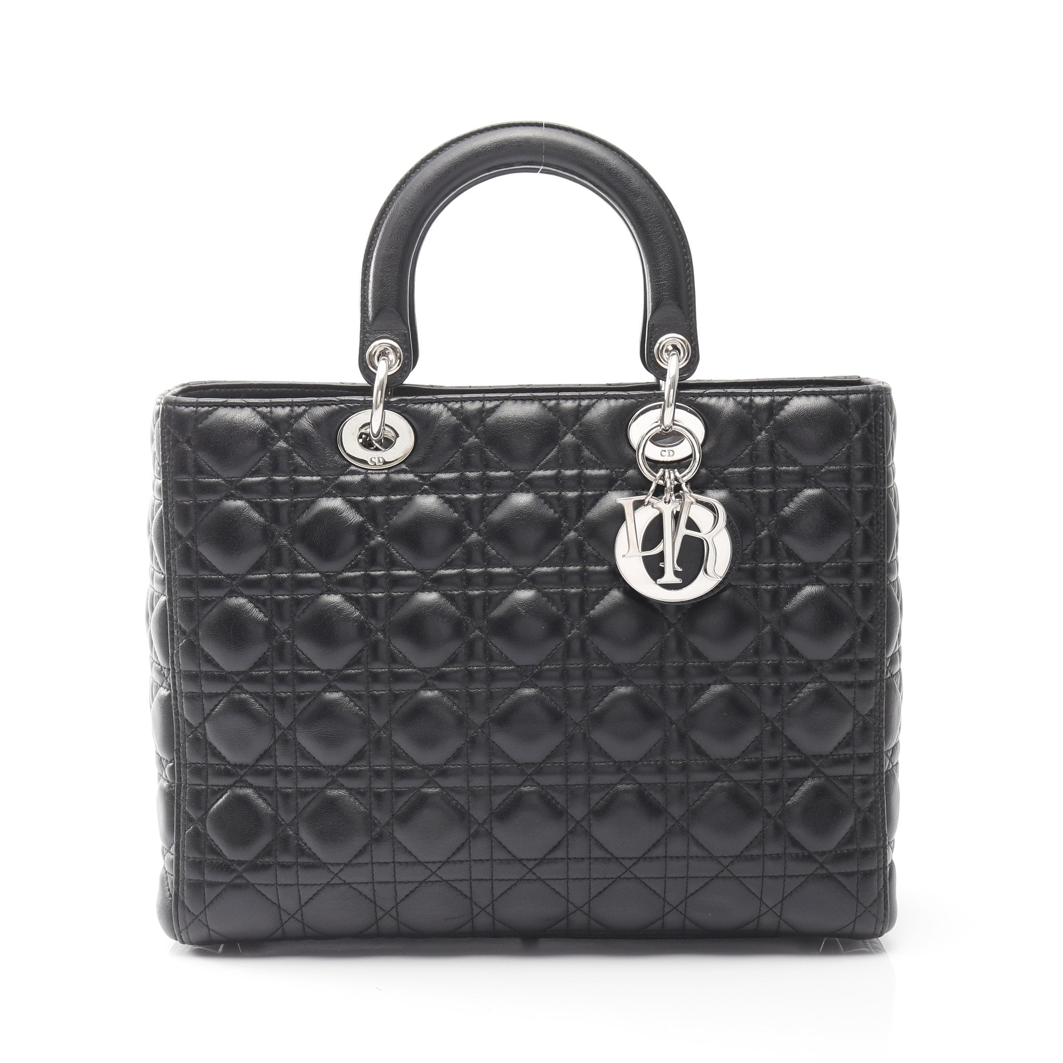 レディディオール ラージ ハンドバッグ レザー ブラック クリスチャン
