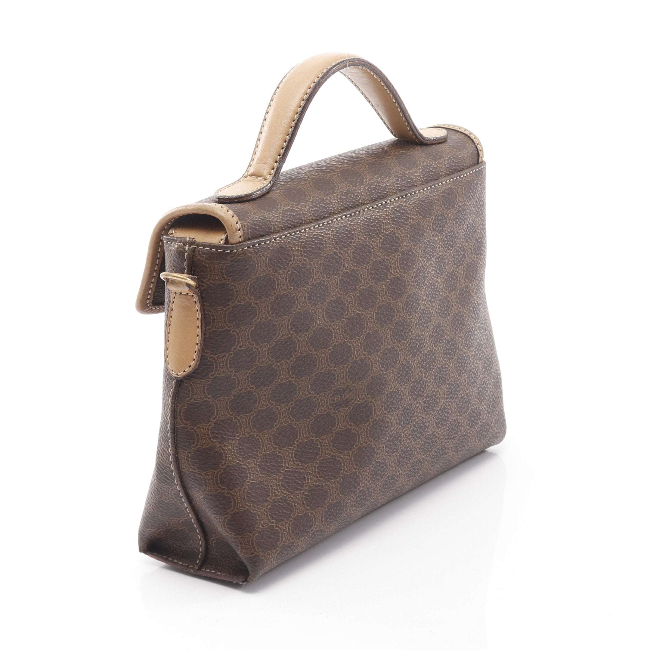 マカダム ハンドバッグ PVC レザー ダークブラウン ベージュ 2WAY