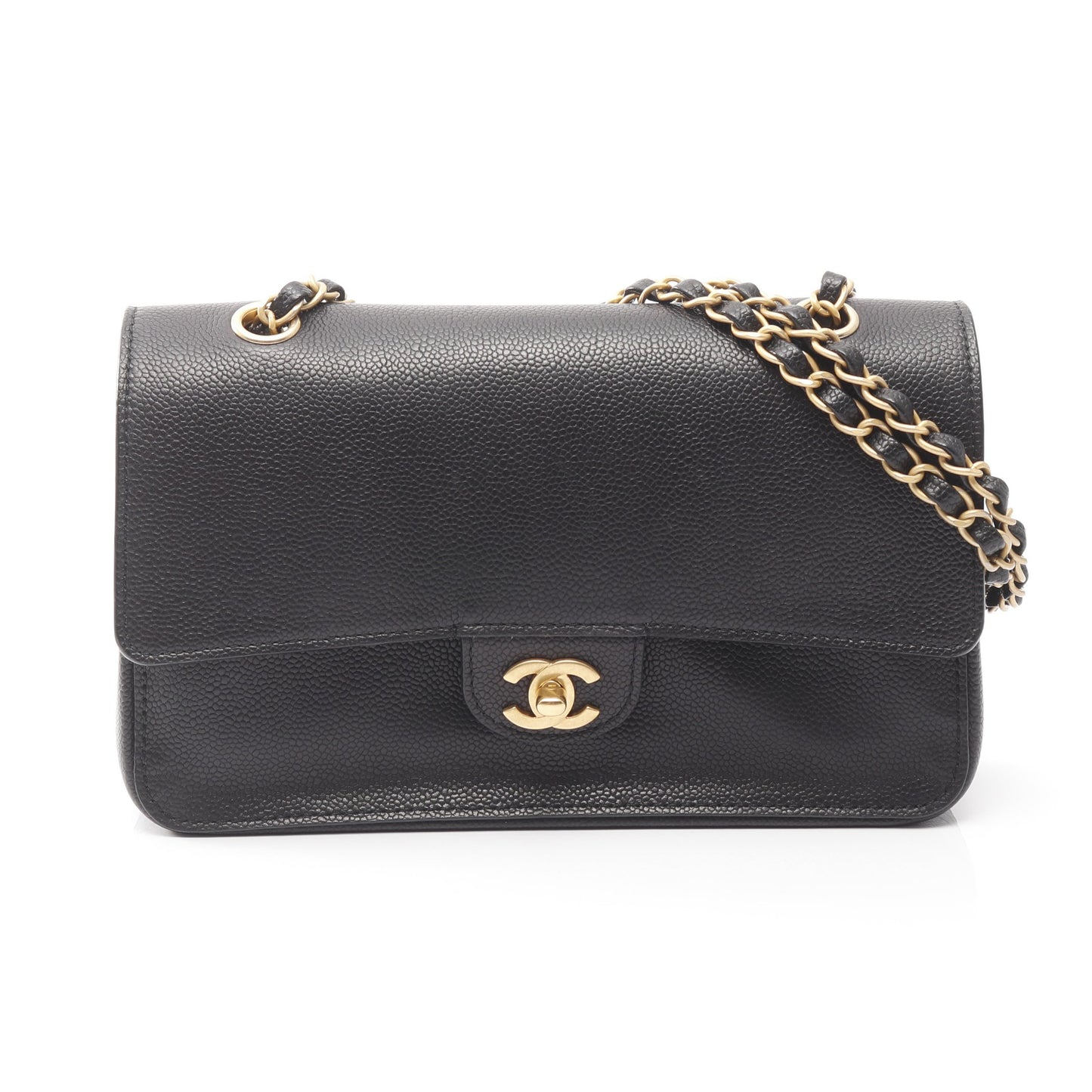 ココマーク Wチェーンショルダーバッグ キャビアスキン ブラック ゴールド金具 シャネル バッグ CHANEL