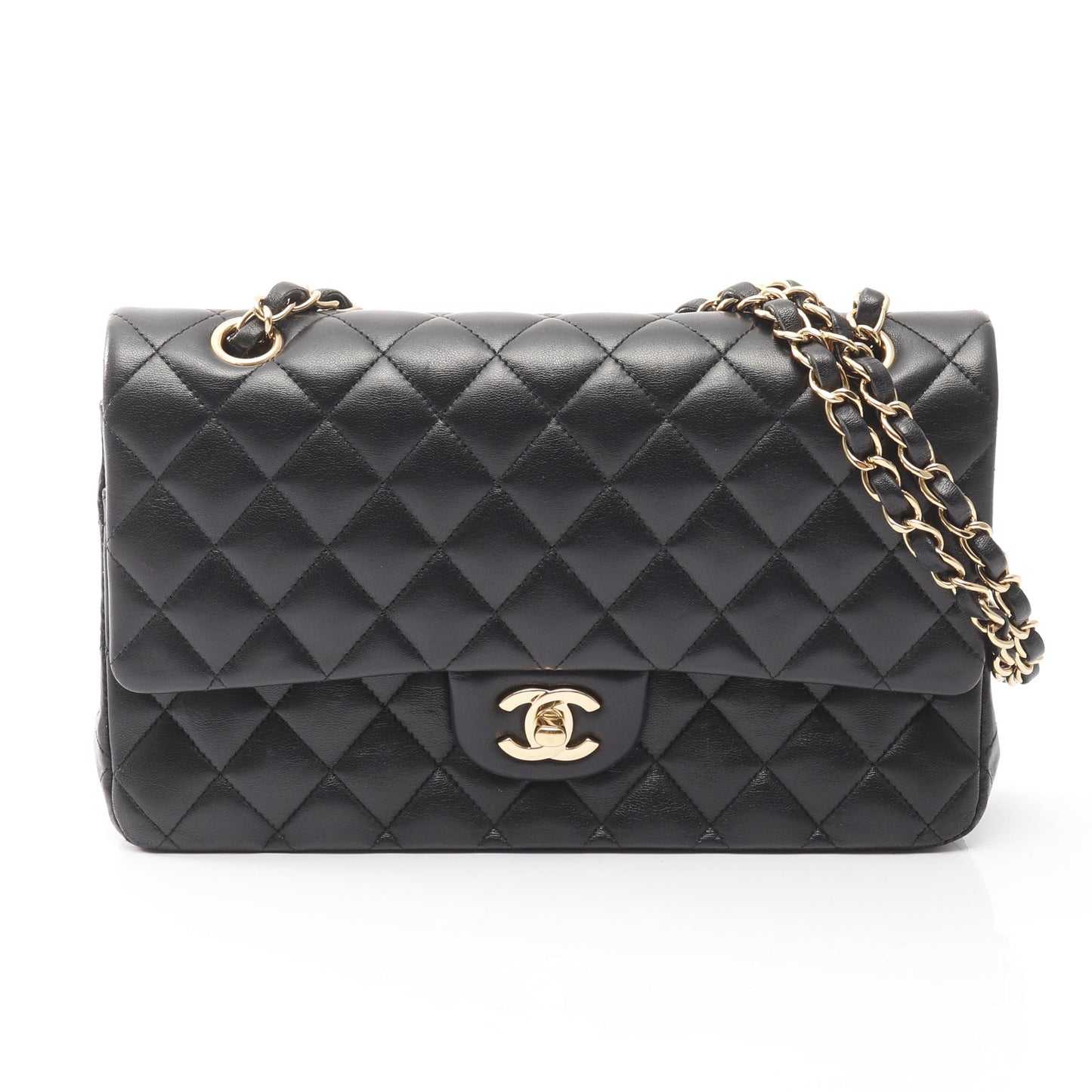 マトラッセ Wフラップ Wチェーンショルダーバッグ ラムスキン ブラック ゴールド金具 シャネル バッグ CHANEL