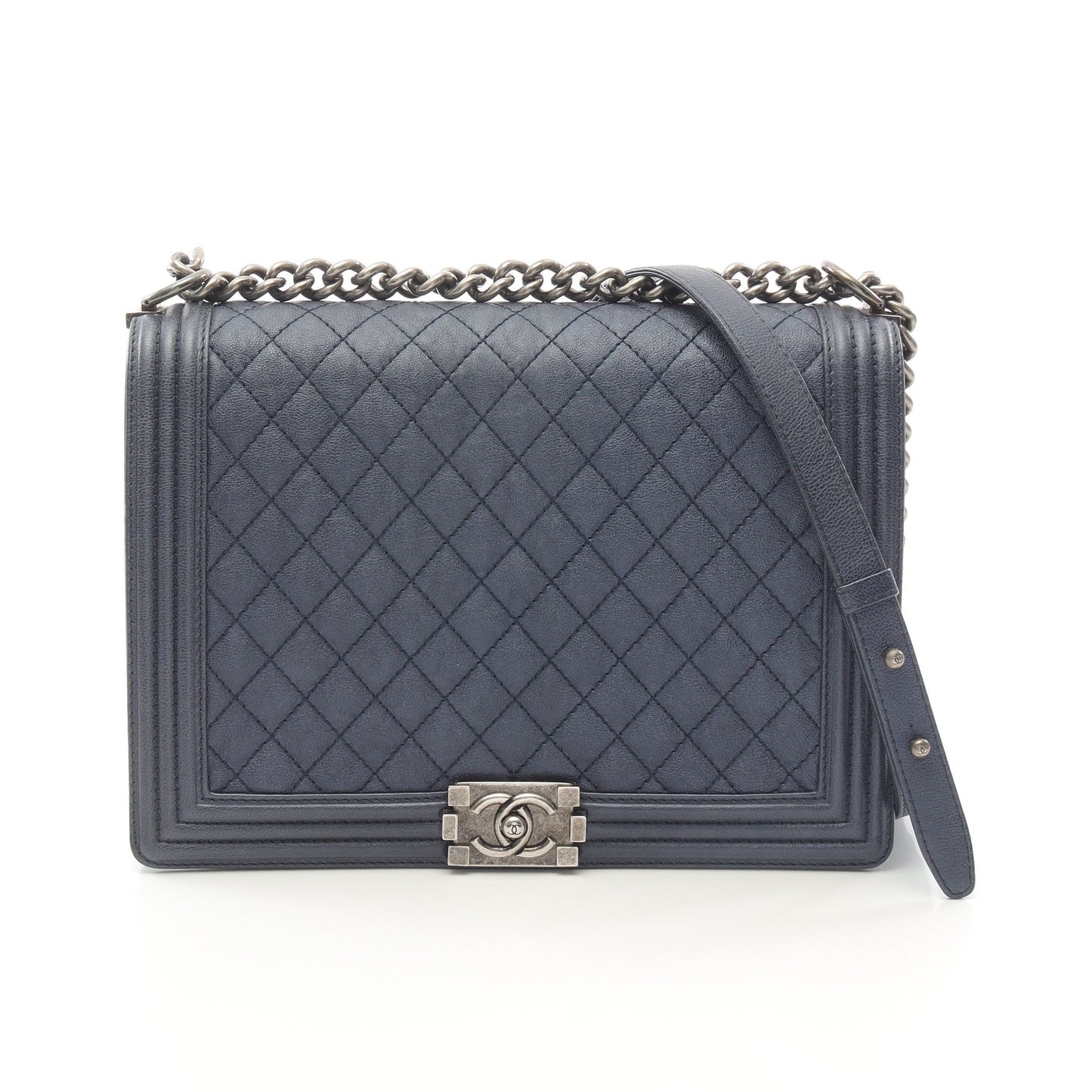 ボーイシャネル チェーンショルダーバッグ レザー ネイビー アンティークシルバー金具 シャネル バッグ CHANEL