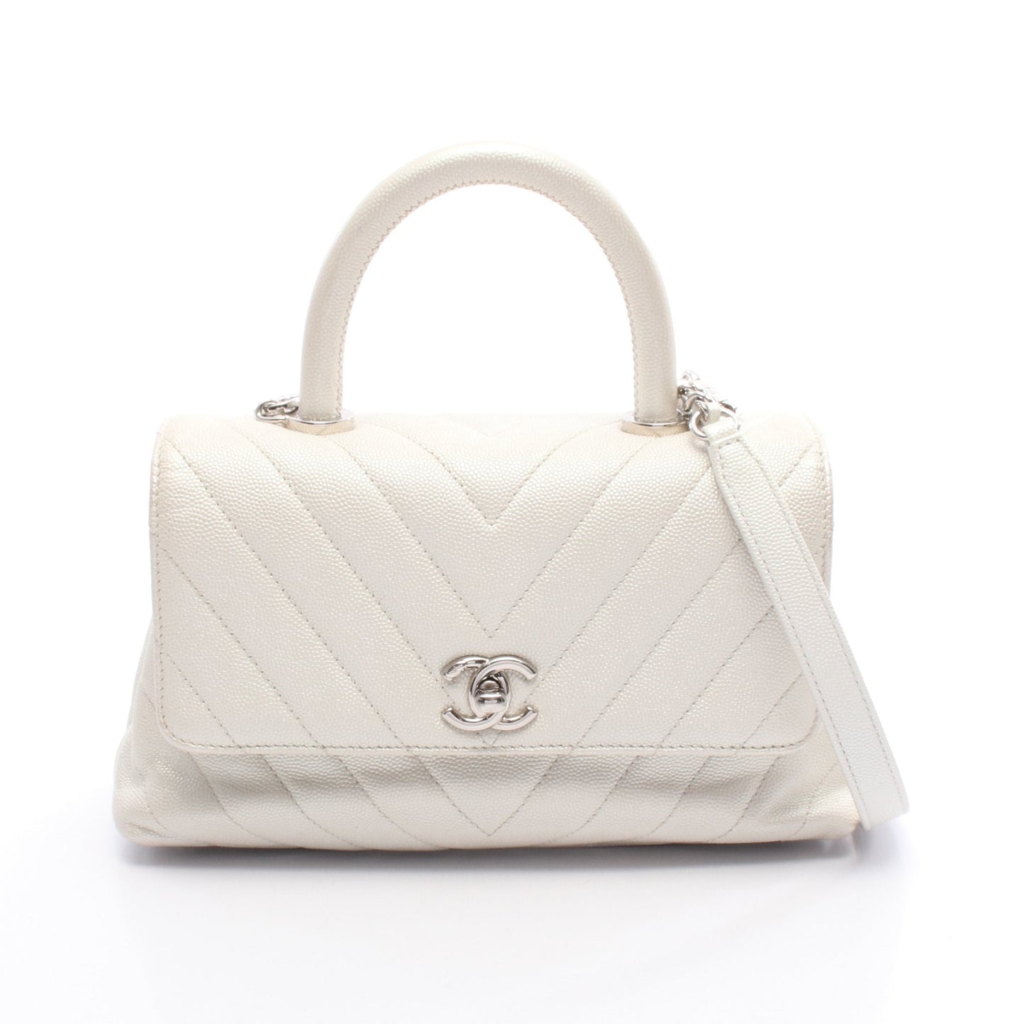 ココハンドル フラップ マトラッセ ハンドバッグ キャビアスキン オフホワイト シルバー金具 2WAY シャネル バッグ CHANEL