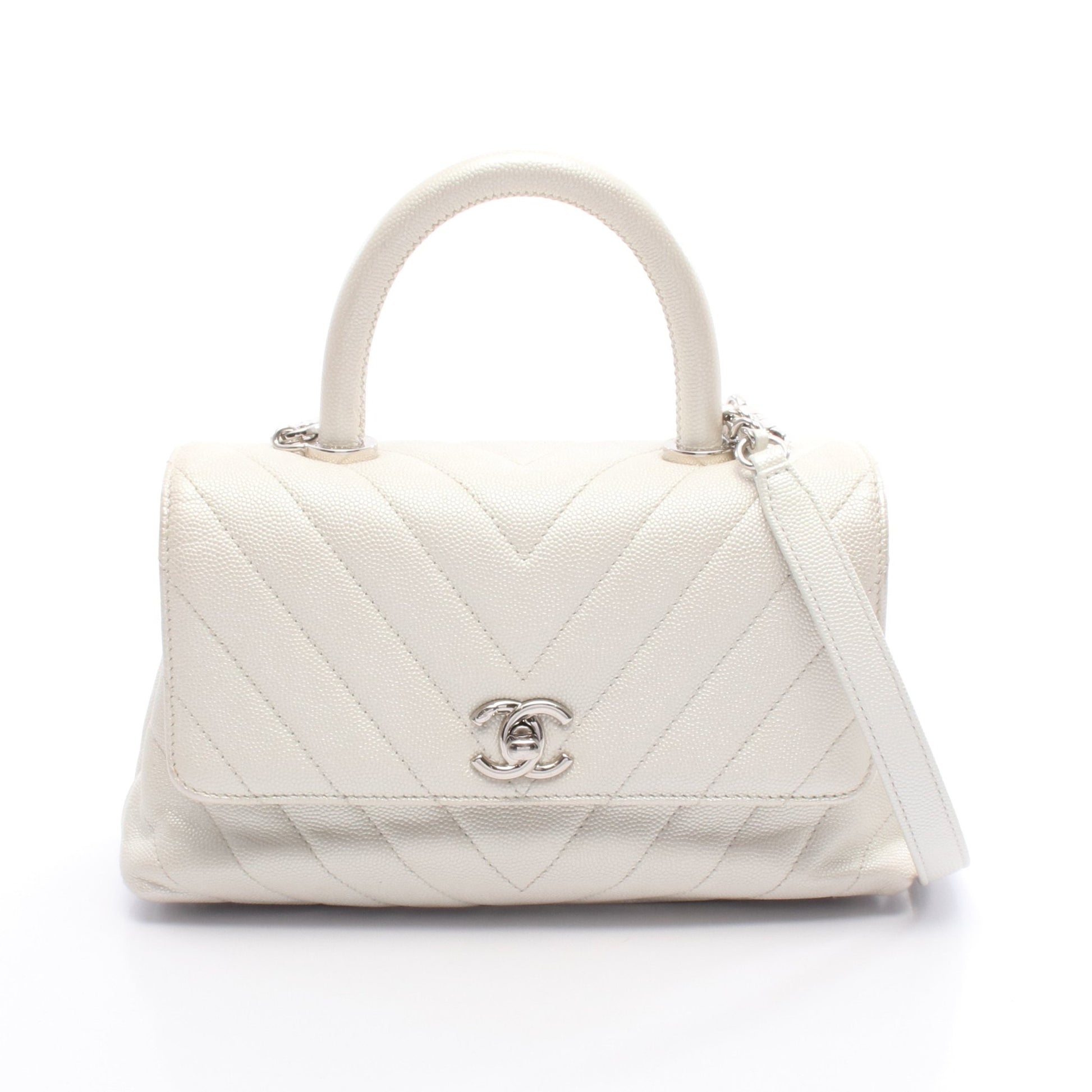 ココハンドル フラップ マトラッセ ハンドバッグ キャビアスキン オフホワイト シルバー金具 2WAY シャネル バッグ CHANEL