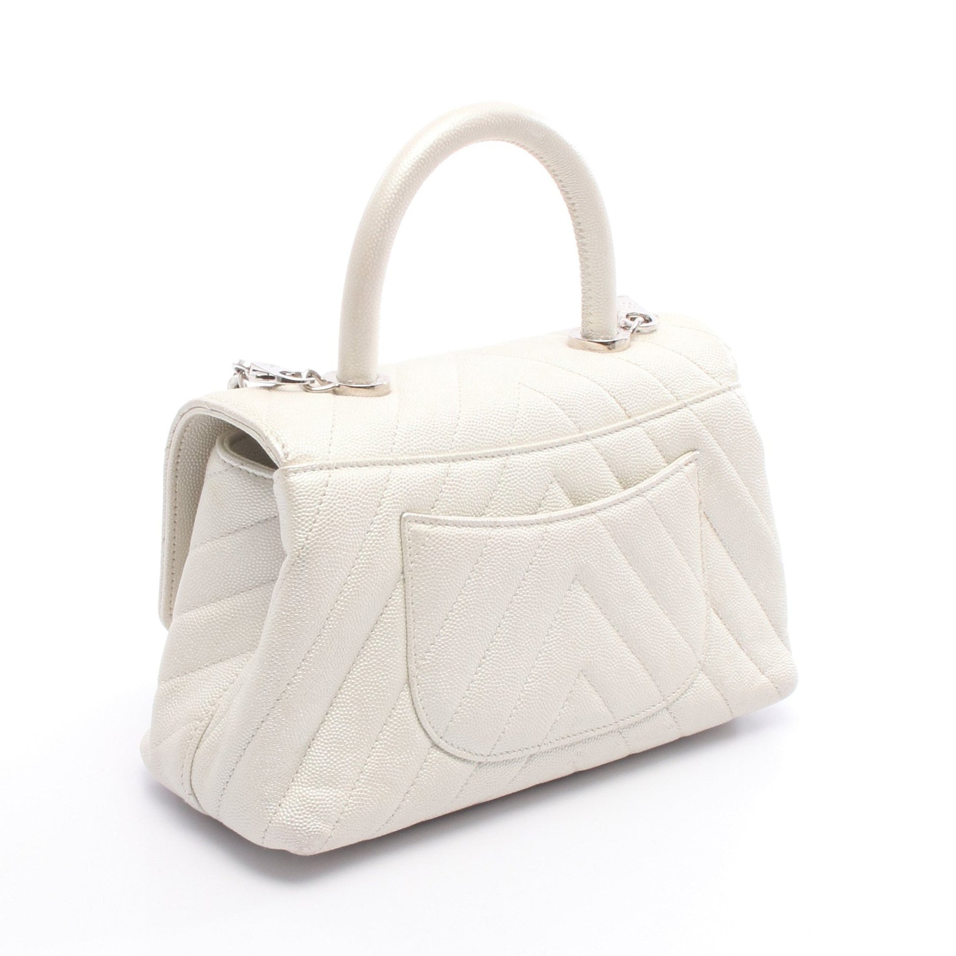 ココハンドル フラップ マトラッセ ハンドバッグ キャビアスキン オフホワイト シルバー金具 2WAY シャネル バッグ CHANEL