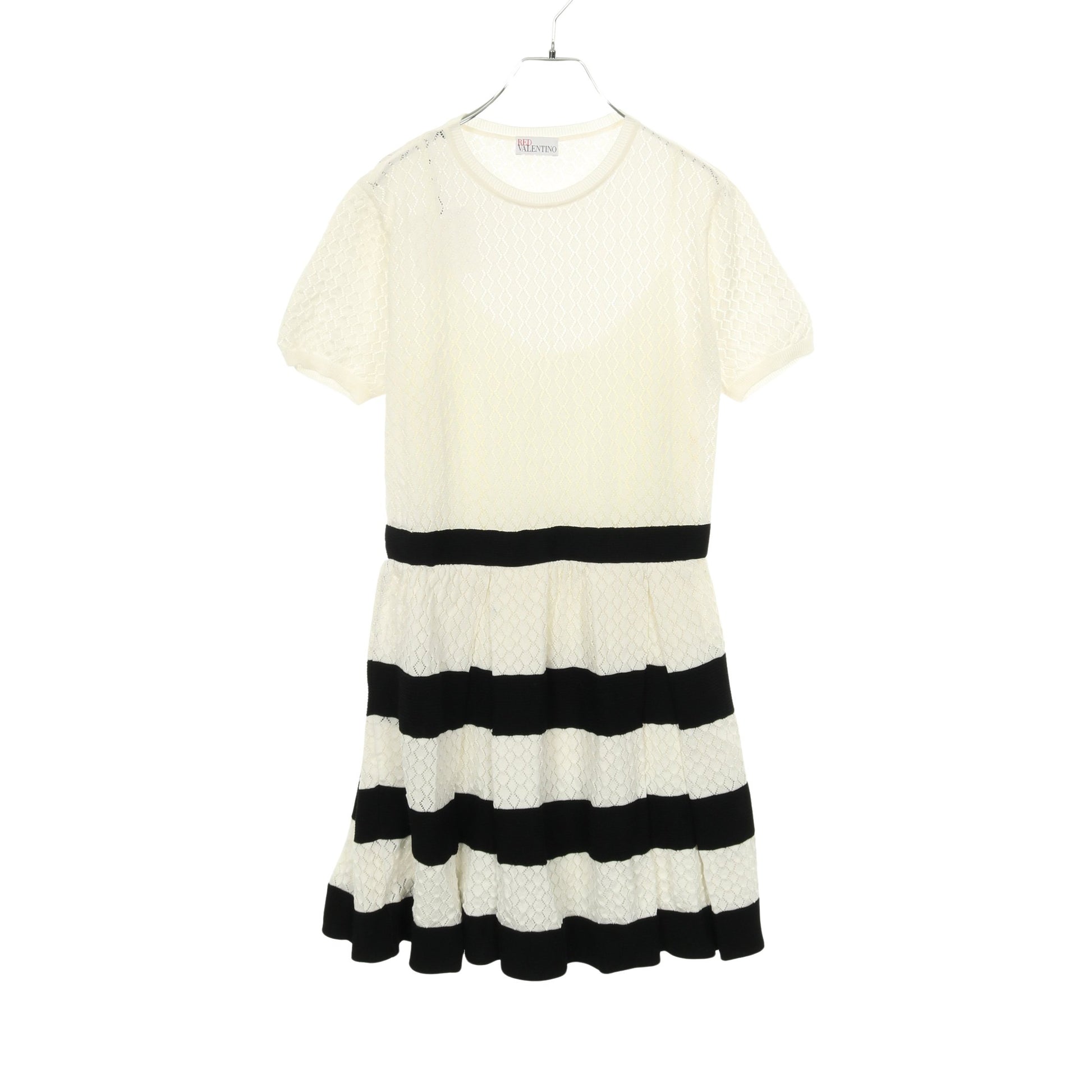レース プリーツ ニットワンピース 半袖 ボーダー コットン ホワイト ブラック レッドヴァレンティノ ワンピース RED VALENTINO