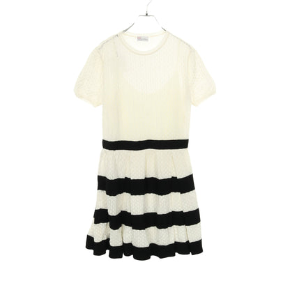 レース プリーツ ニットワンピース 半袖 ボーダー コットン ホワイト ブラック レッドヴァレンティノ ワンピース RED VALENTINO