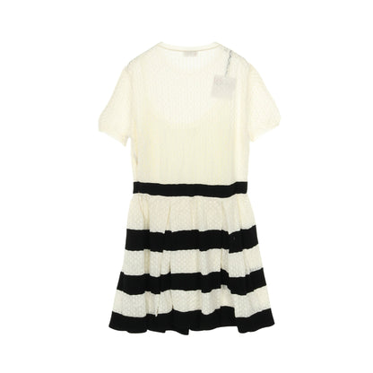 レース プリーツ ニットワンピース 半袖 ボーダー コットン ホワイト ブラック レッドヴァレンティノ ワンピース RED VALENTINO