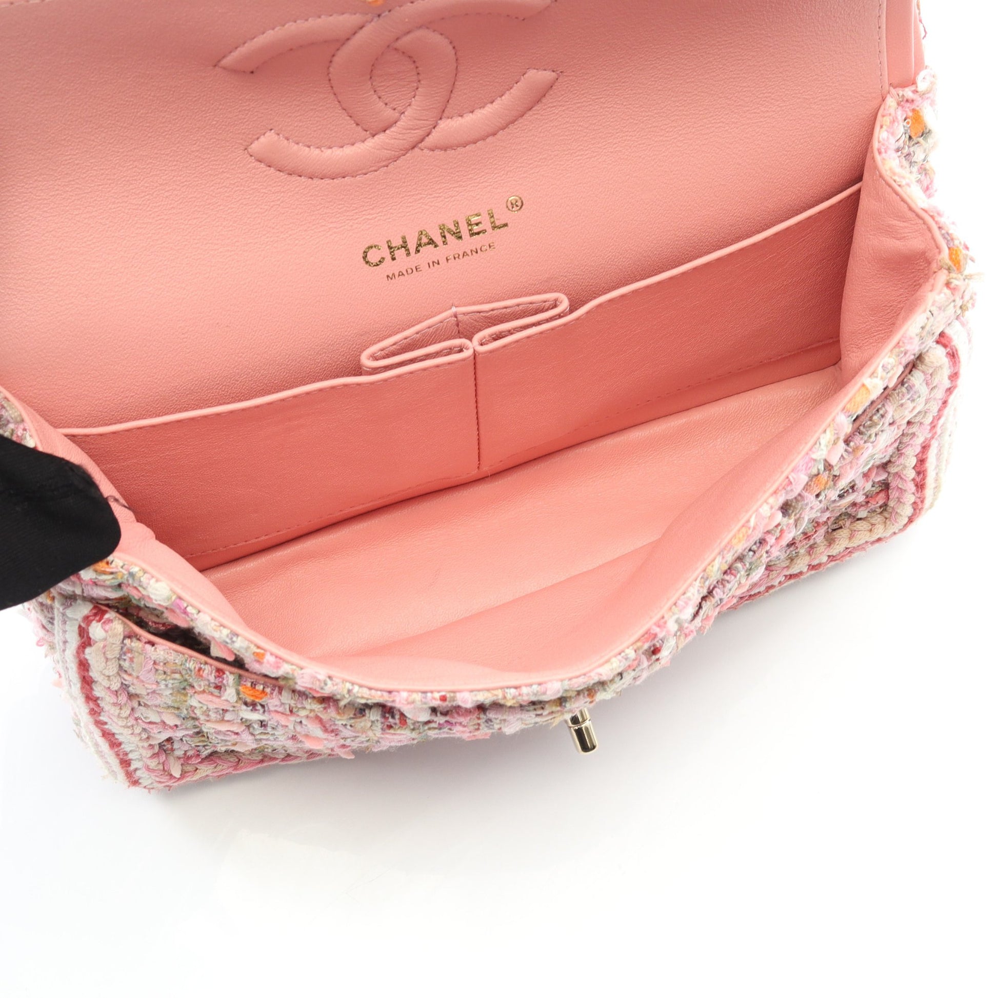 マトラッセ Wフラップ Wチェーンショルダーバッグ ツイード ピンク ゴールド金具 シャネル バッグ CHANEL