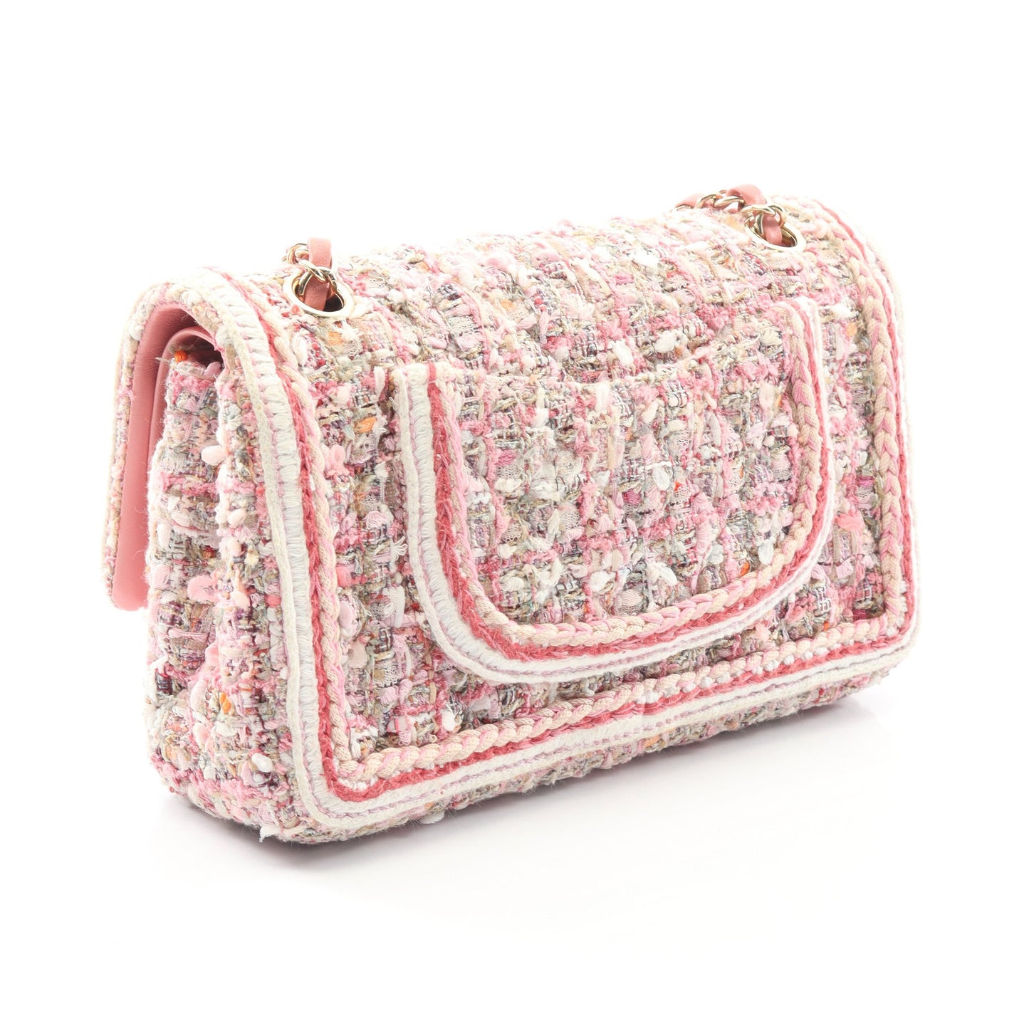 マトラッセ Wフラップ Wチェーンショルダーバッグ ツイード ピンク ゴールド金具 シャネル バッグ CHANEL