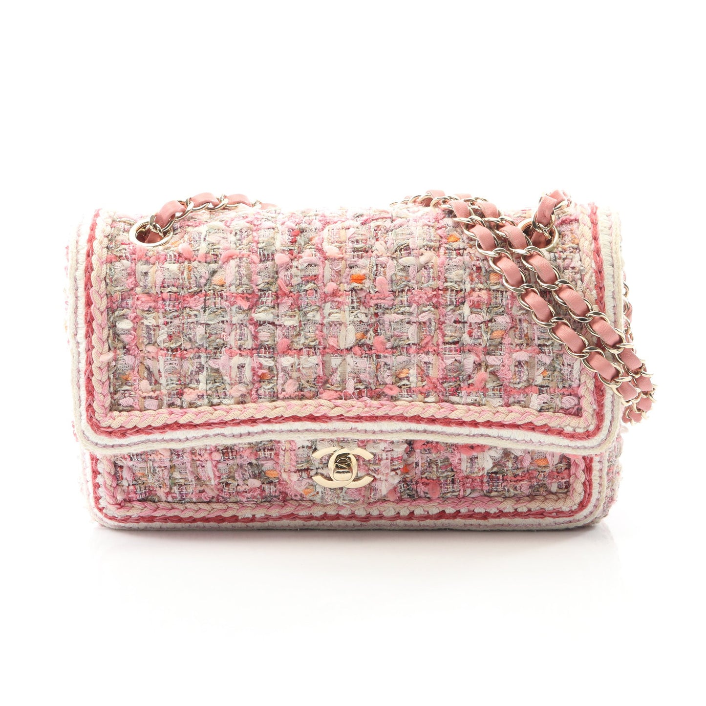 マトラッセ Wフラップ Wチェーンショルダーバッグ ツイード ピンク ゴールド金具 シャネル バッグ CHANEL