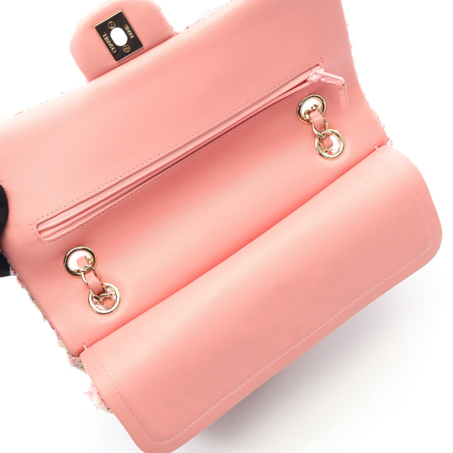 マトラッセ Wフラップ Wチェーンショルダーバッグ ツイード ピンク ゴールド金具 シャネル バッグ CHANEL