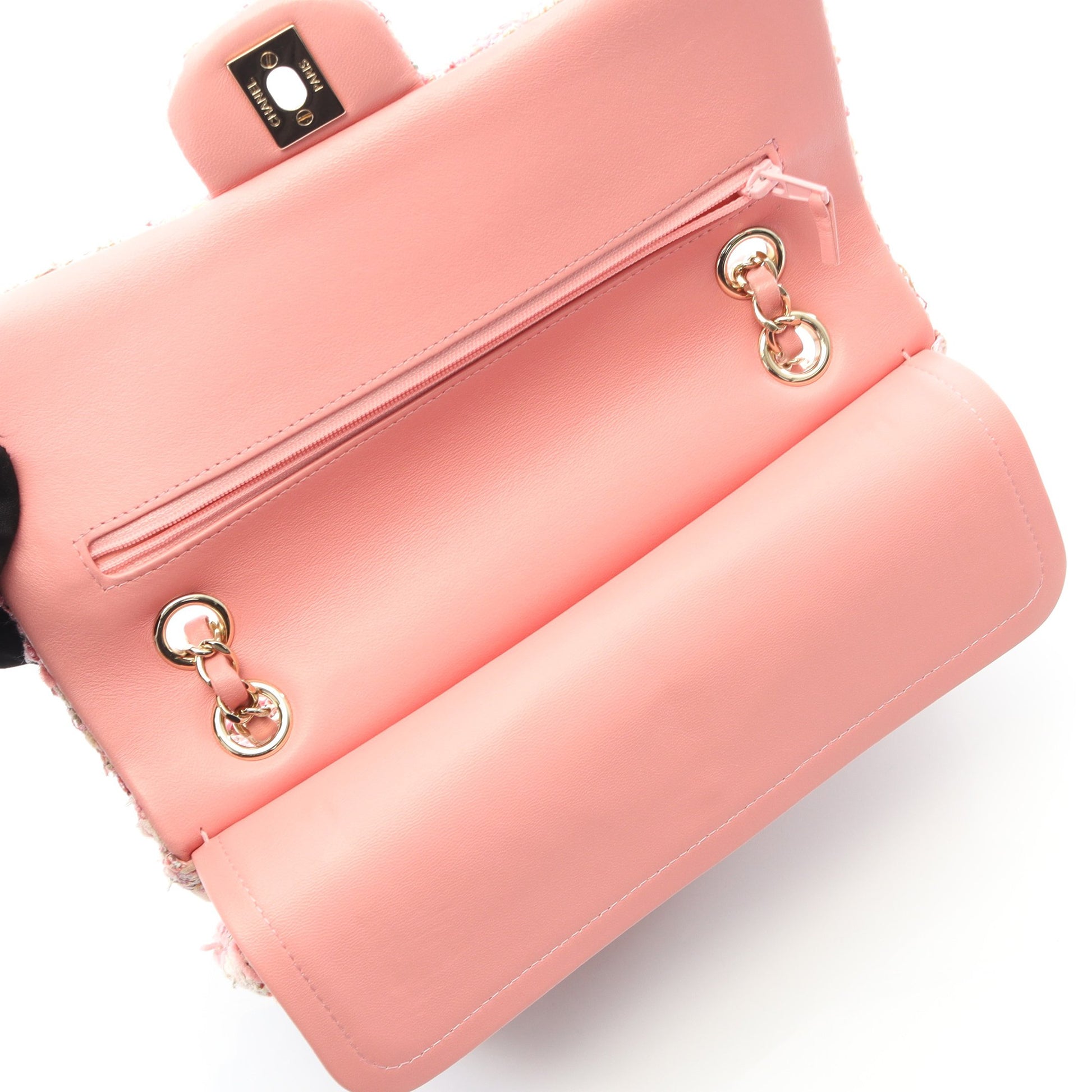 マトラッセ Wフラップ Wチェーンショルダーバッグ ツイード ピンク ゴールド金具 シャネル バッグ CHANEL