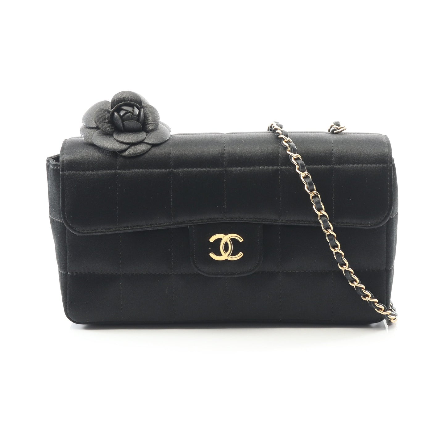 チョコバー カメリア チェーンショルダーバッグ サテン ブラック ゴールド金具 シャネル バッグ CHANEL