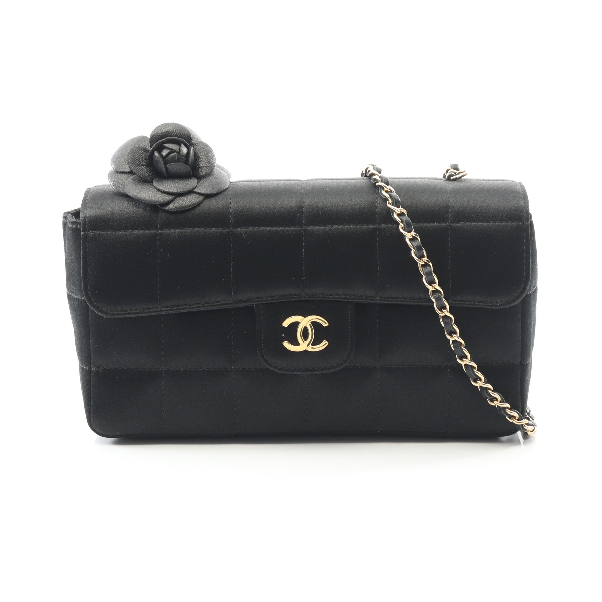 チョコバー カメリア チェーンショルダーバッグ サテン ブラック ゴールド金具 シャネル バッグ CHANEL