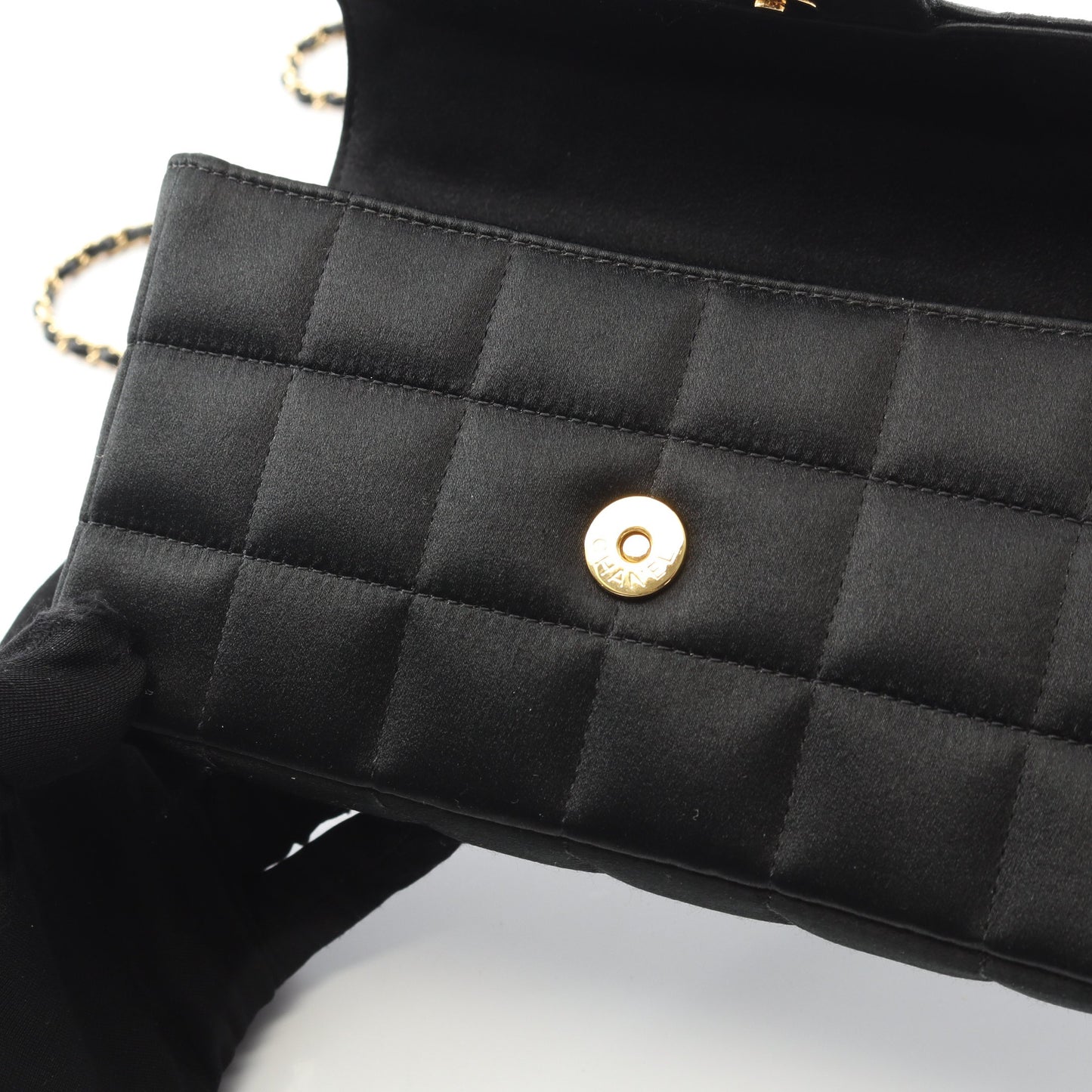 チョコバー カメリア チェーンショルダーバッグ サテン ブラック ゴールド金具 シャネル バッグ CHANEL