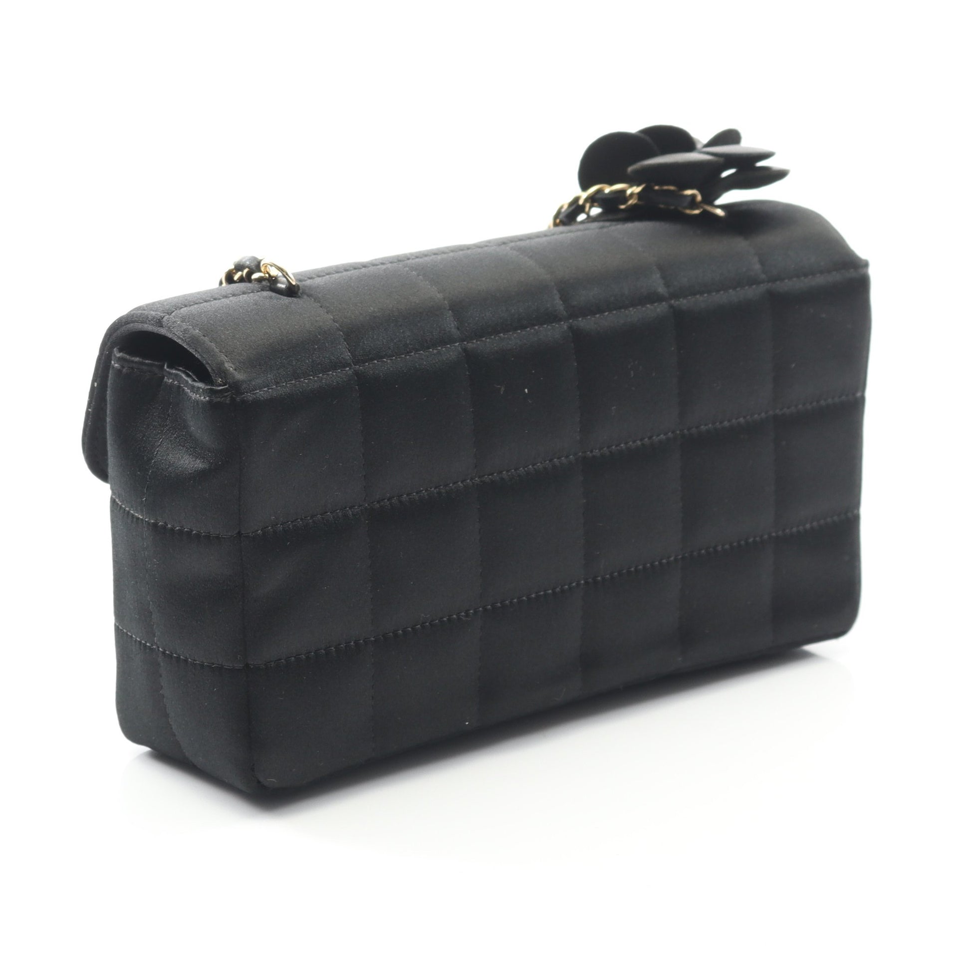 チョコバー カメリア チェーンショルダーバッグ サテン ブラック ゴールド金具 シャネル バッグ CHANEL