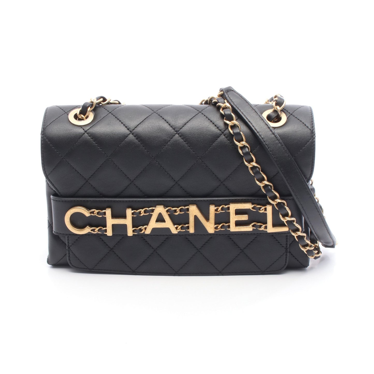 マトラッセ ロゴ チェーンショルダーバッグ ラムスキン ブラック ゴールド金具 シャネル バッグ CHANEL