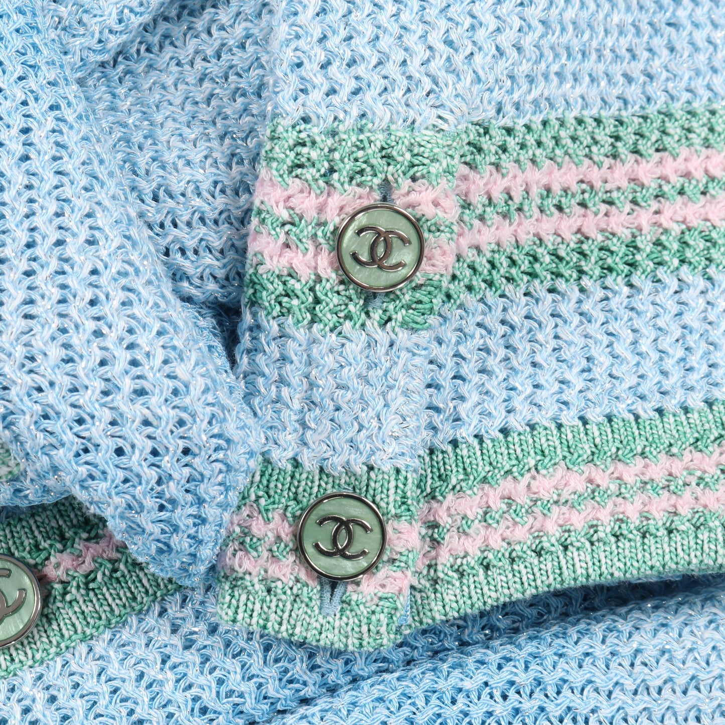 ココマークボタン ロング カーディガン リネン ビスコース コットン ライトブルー マルチカラー シャネル トップス CHANEL