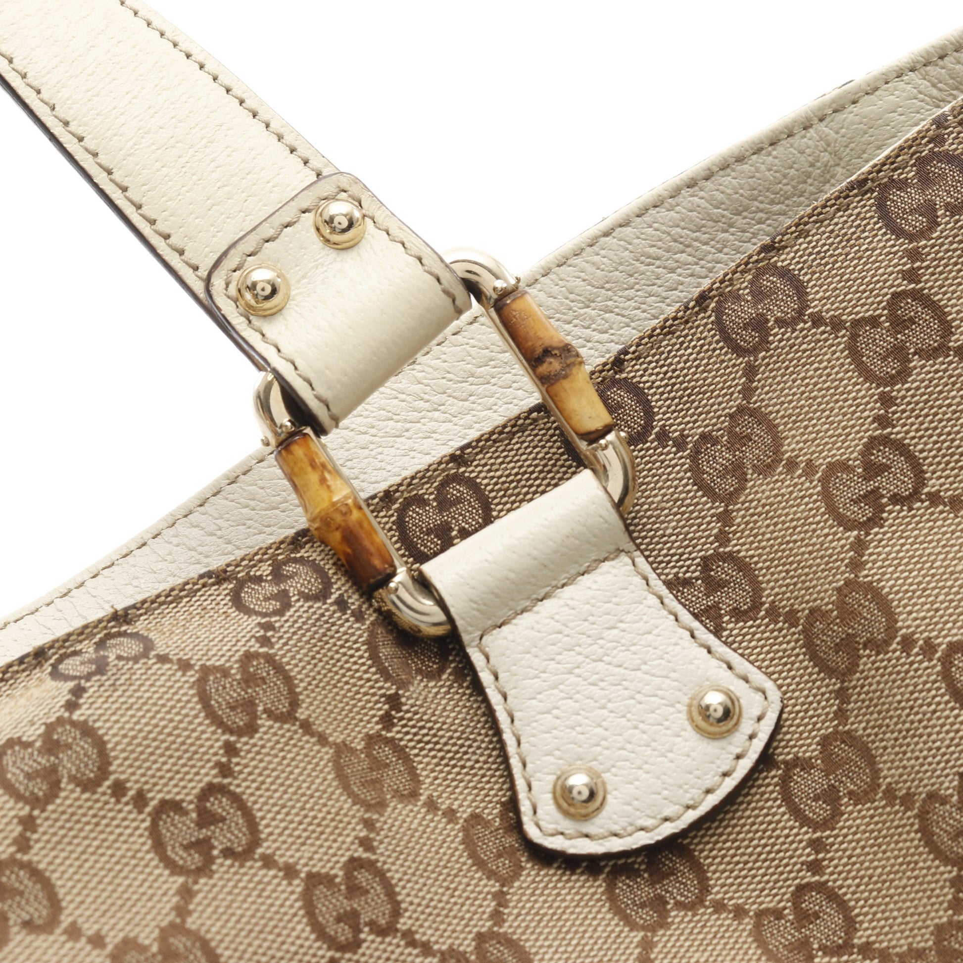 バンブー ホースビット GGキャンバス ハンドバッグ トートバッグ キャンバス レザー ベージュ オフホワイト グッチ バッグ GUCCI