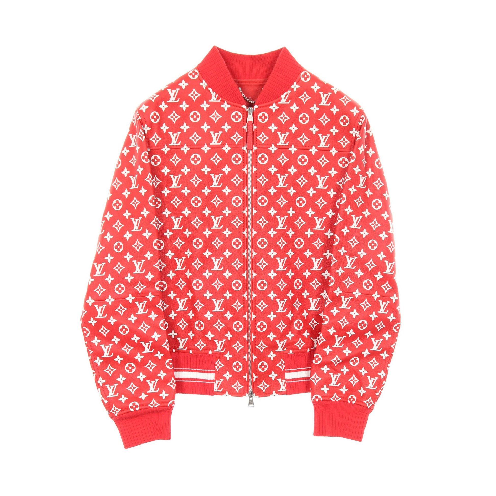 LOUIS VUITTON × Supreme モノグラム ベースボールジャケット レザージャケット ゴートレザー レッド ホワイト ルイヴィトン アウター LOUIS VUITTON